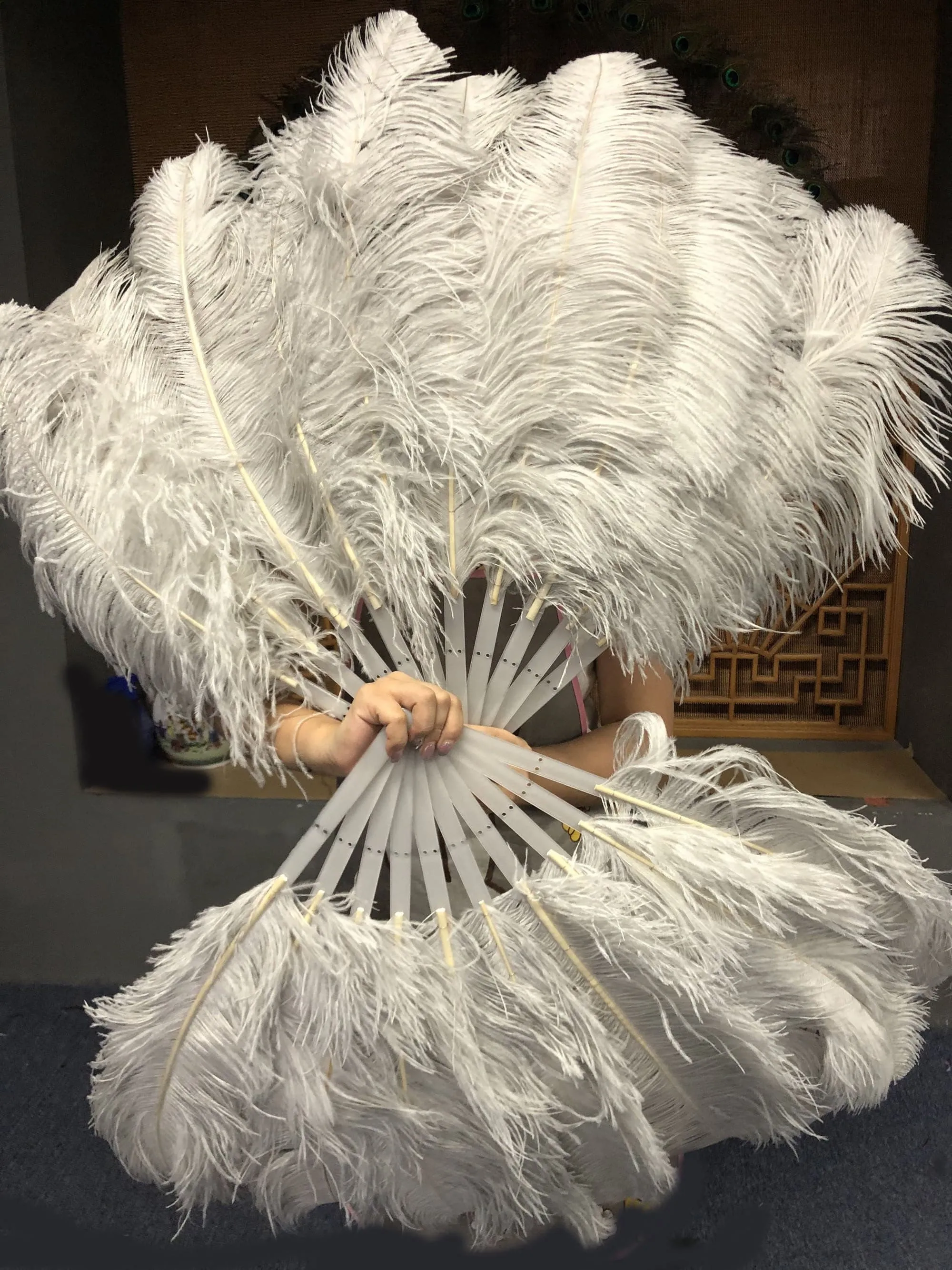 A pair Single layer light gery Beginner’s Ostrich Feather Fan