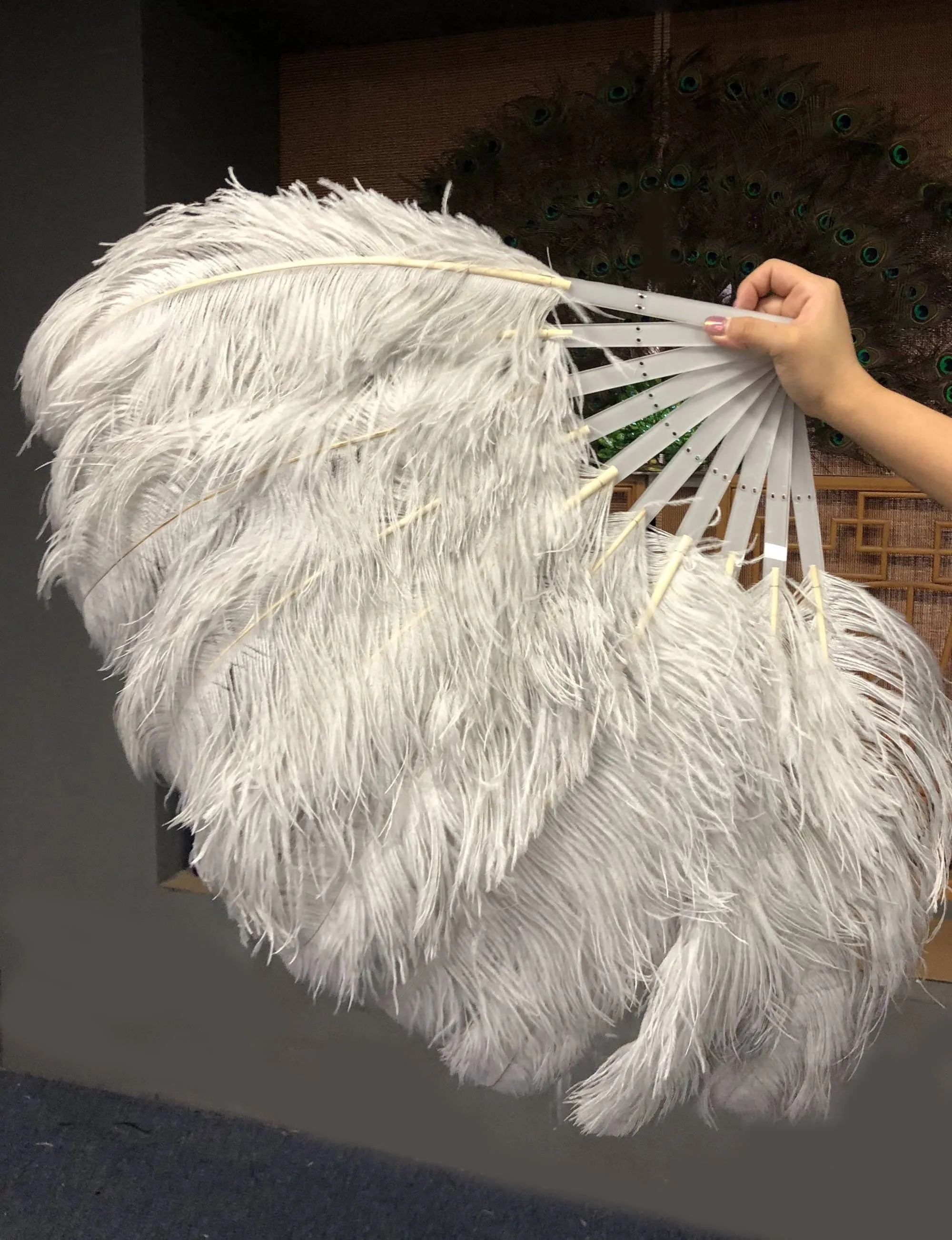 A pair Single layer light gery Beginner’s Ostrich Feather Fan