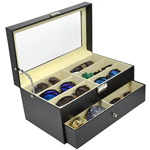 ADTL 3 Gifts for Free 12 Grids Double-Layer Black PU Leather Organizer Sunglass Eyewear Storage Box