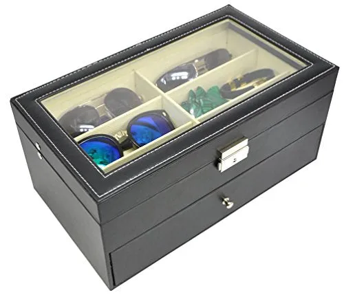 ADTL 3 Gifts for Free 12 Grids Double-Layer Black PU Leather Organizer Sunglass Eyewear Storage Box