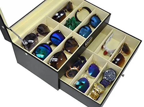 ADTL 3 Gifts for Free 12 Grids Double-Layer Black PU Leather Organizer Sunglass Eyewear Storage Box
