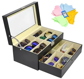 ADTL 3 Gifts for Free 12 Grids Double-Layer Black PU Leather Organizer Sunglass Eyewear Storage Box