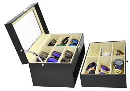 ADTL 3 Gifts for Free 12 Grids Double-Layer Black PU Leather Organizer Sunglass Eyewear Storage Box