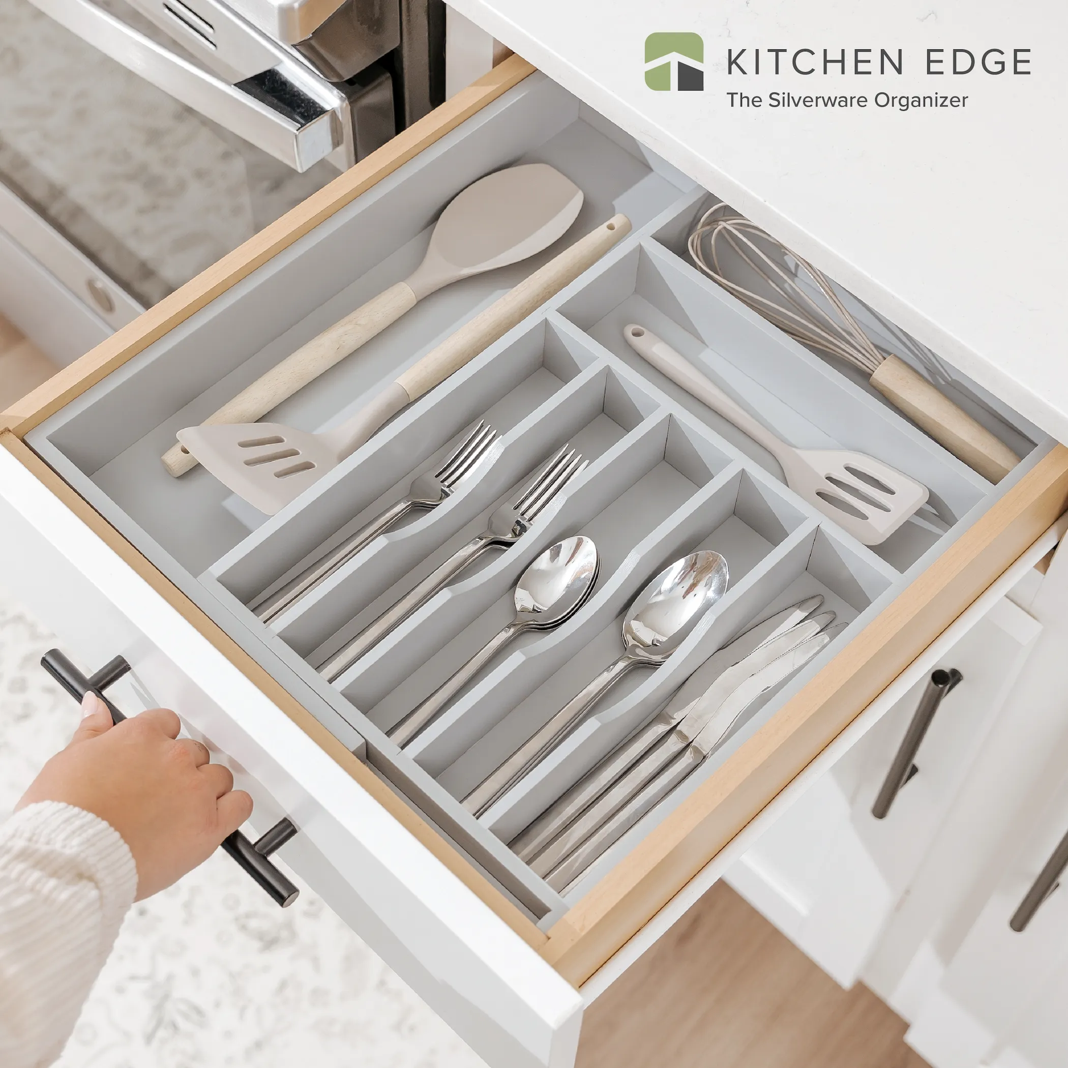 Bamboo Drawer Organizer for Silverware & Utensils - Gray Finish (Expands 10.5-19in)