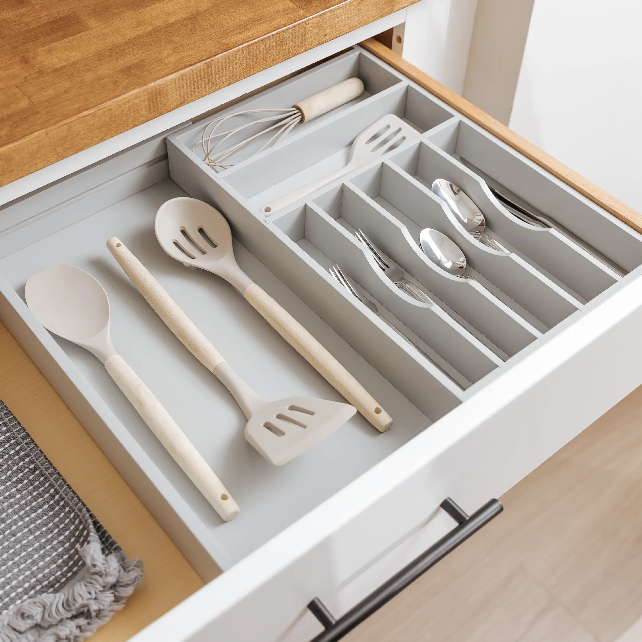 Bamboo Drawer Organizer for Silverware & Utensils - Gray Finish (Expands 10.5-19in)