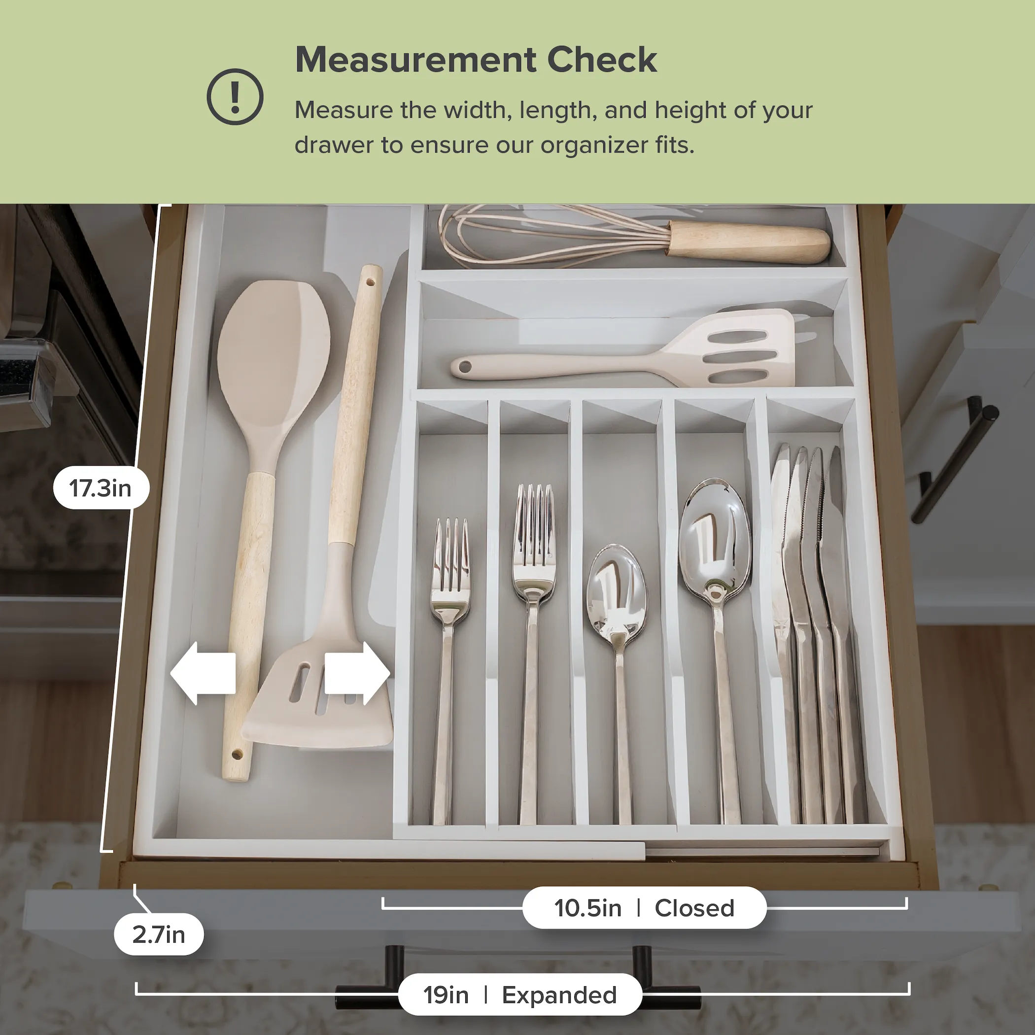 Bamboo Drawer Organizer for Silverware & Utensils - Gray Finish (Expands 10.5-19in)