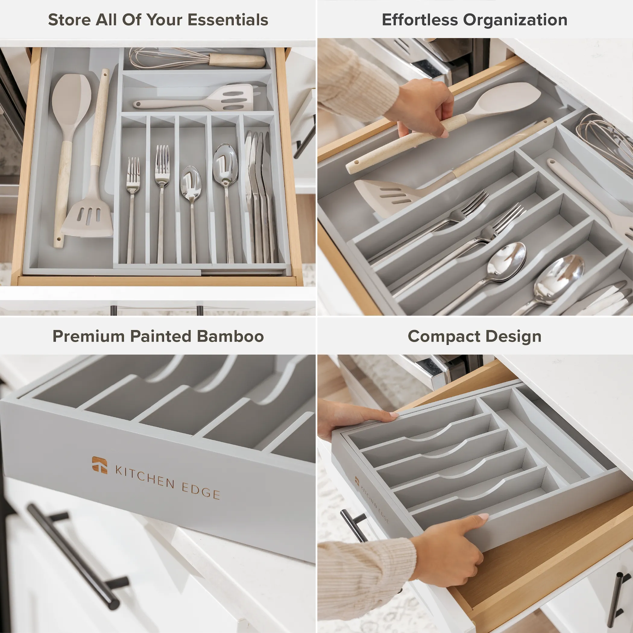 Bamboo Drawer Organizer for Silverware & Utensils - Gray Finish (Expands 10.5-19in)