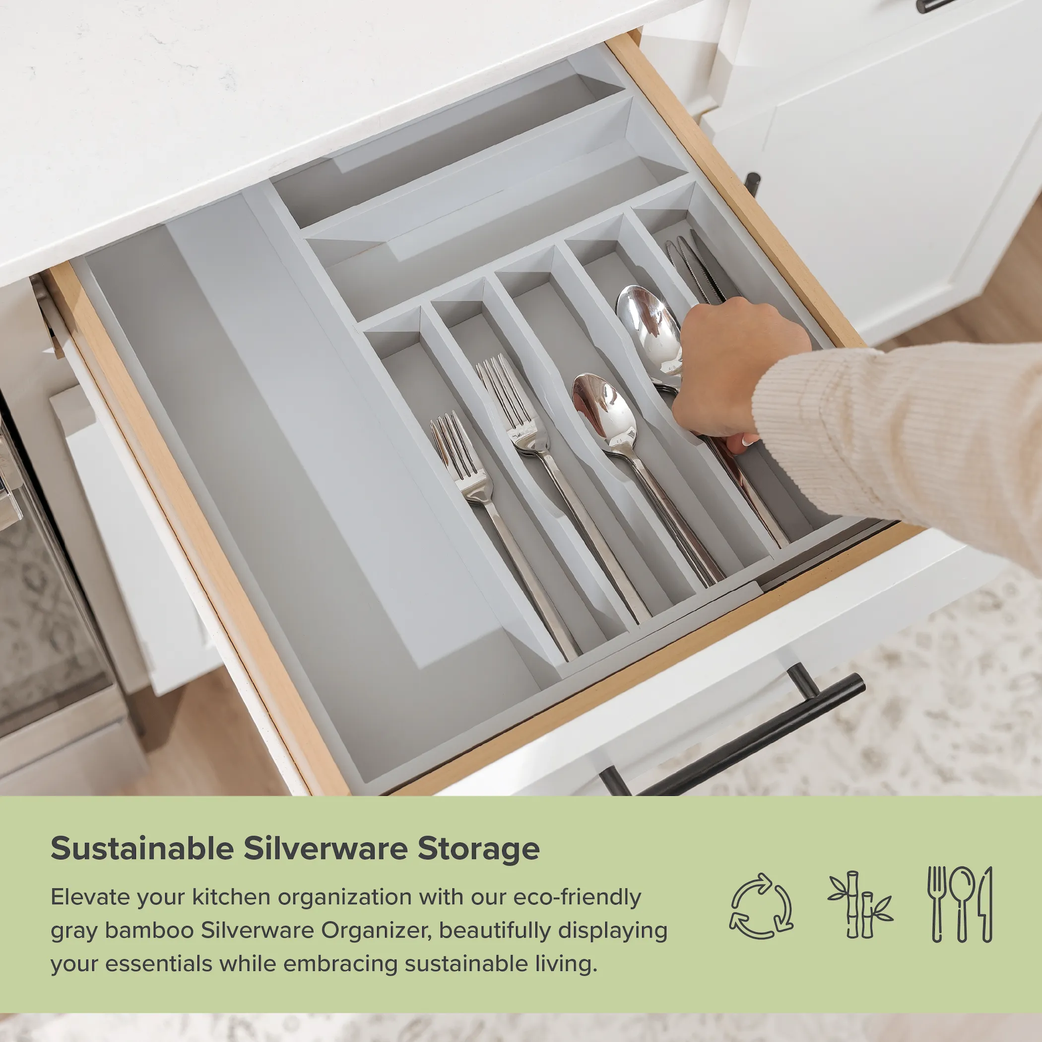 Bamboo Drawer Organizer for Silverware & Utensils - Gray Finish (Expands 10.5-19in)