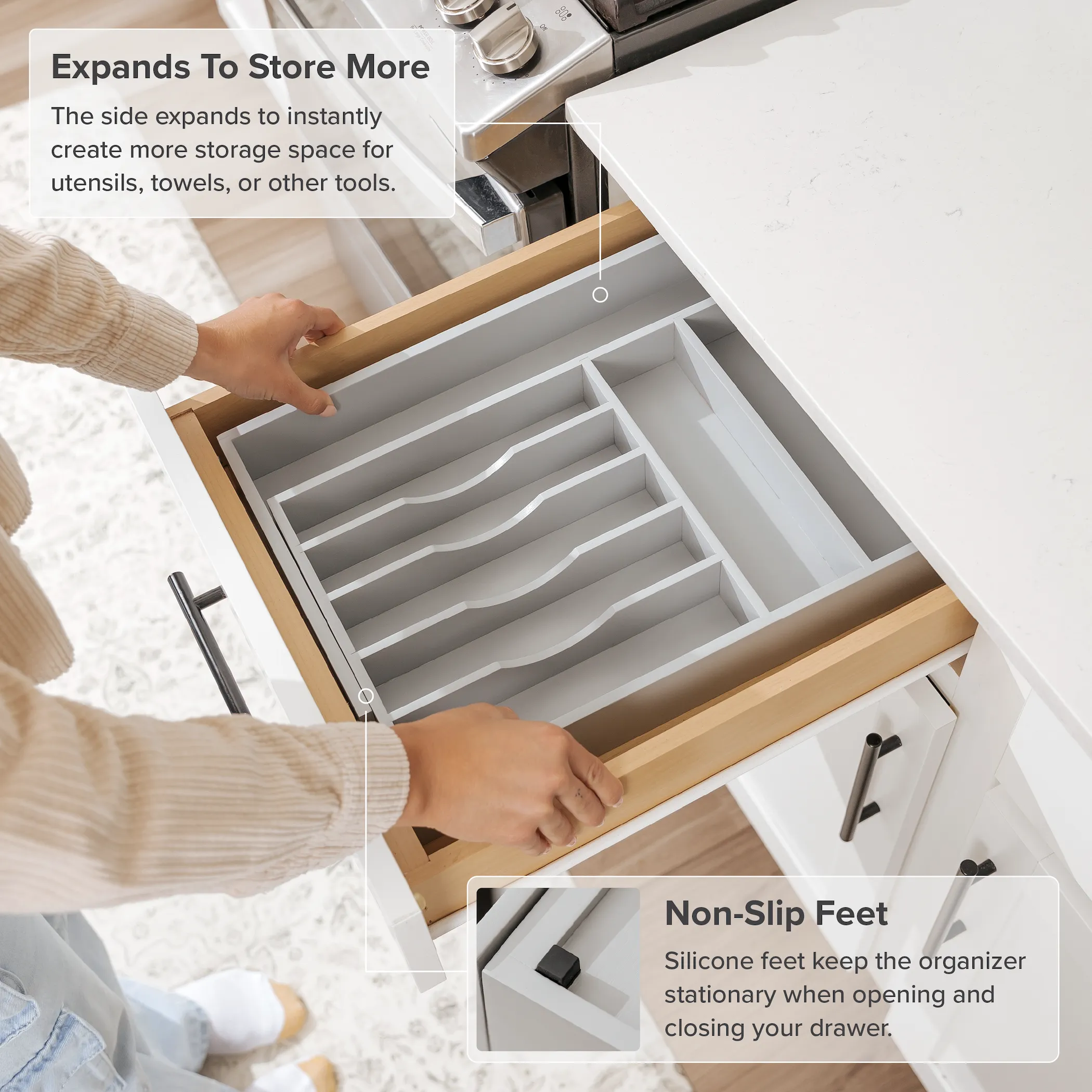Bamboo Drawer Organizer for Silverware & Utensils - Gray Finish (Expands 10.5-19in)