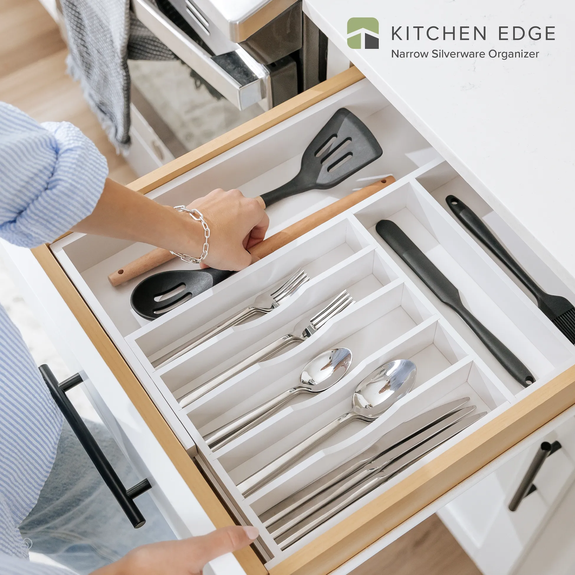 Bamboo Drawer Organizer for Silverware & Utensils - White Finish (Expands 10.5-19in)