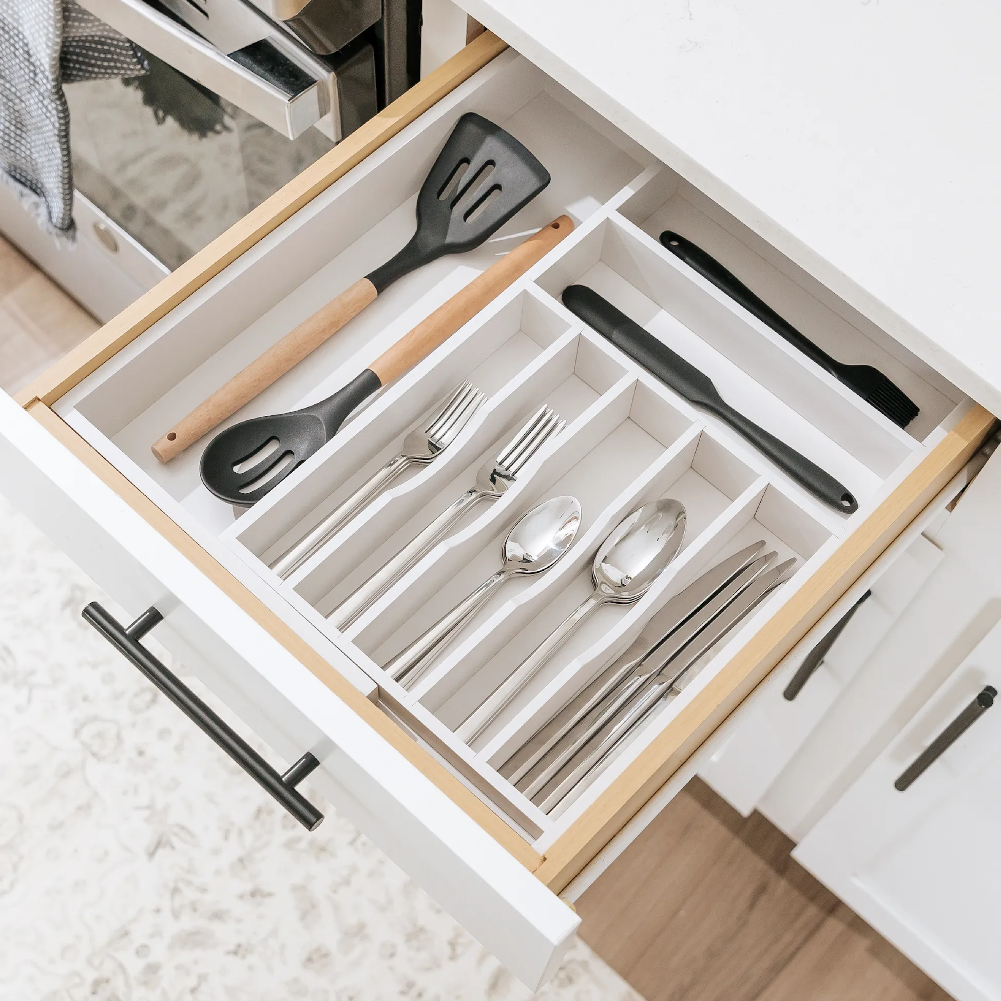 Bamboo Drawer Organizer for Silverware & Utensils - White Finish (Expands 10.5-19in)