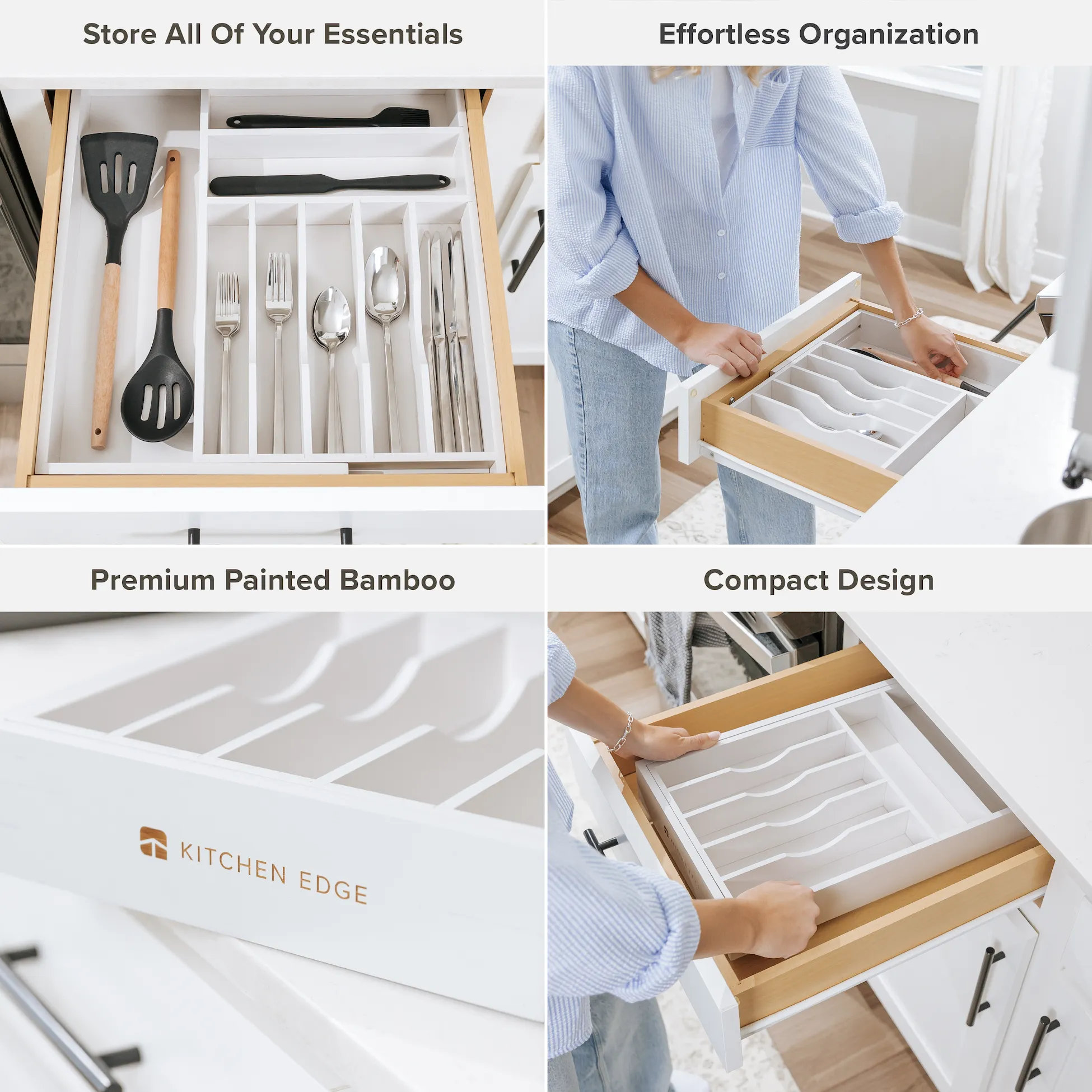 Bamboo Drawer Organizer for Silverware & Utensils - White Finish (Expands 10.5-19in)