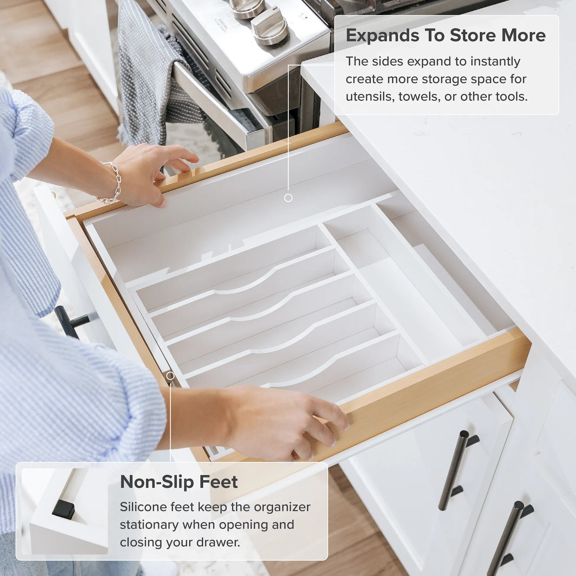 Bamboo Drawer Organizer for Silverware & Utensils - White Finish (Expands 10.5-19in)