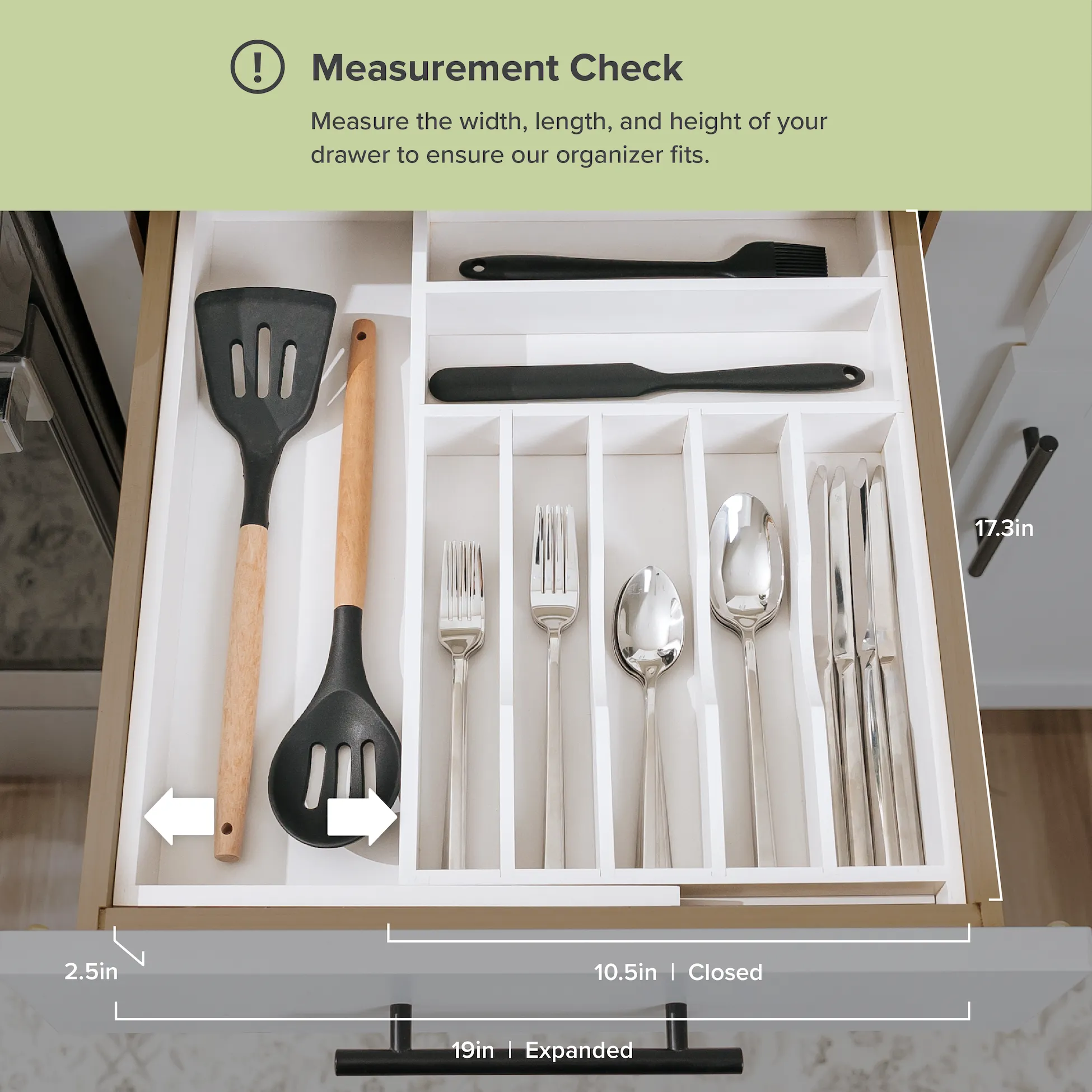 Bamboo Drawer Organizer for Silverware & Utensils - White Finish (Expands 10.5-19in)