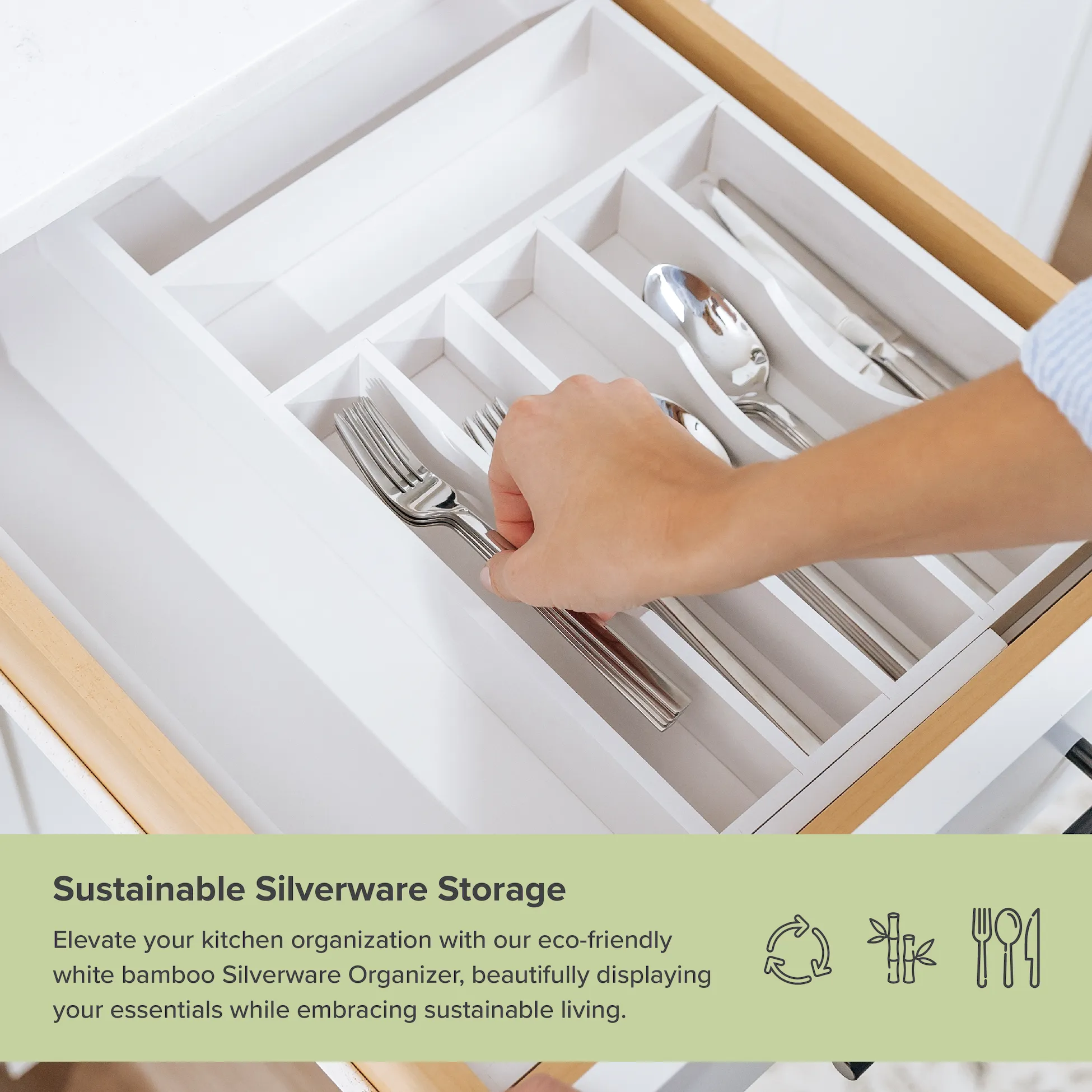Bamboo Drawer Organizer for Silverware & Utensils - White Finish (Expands 10.5-19in)