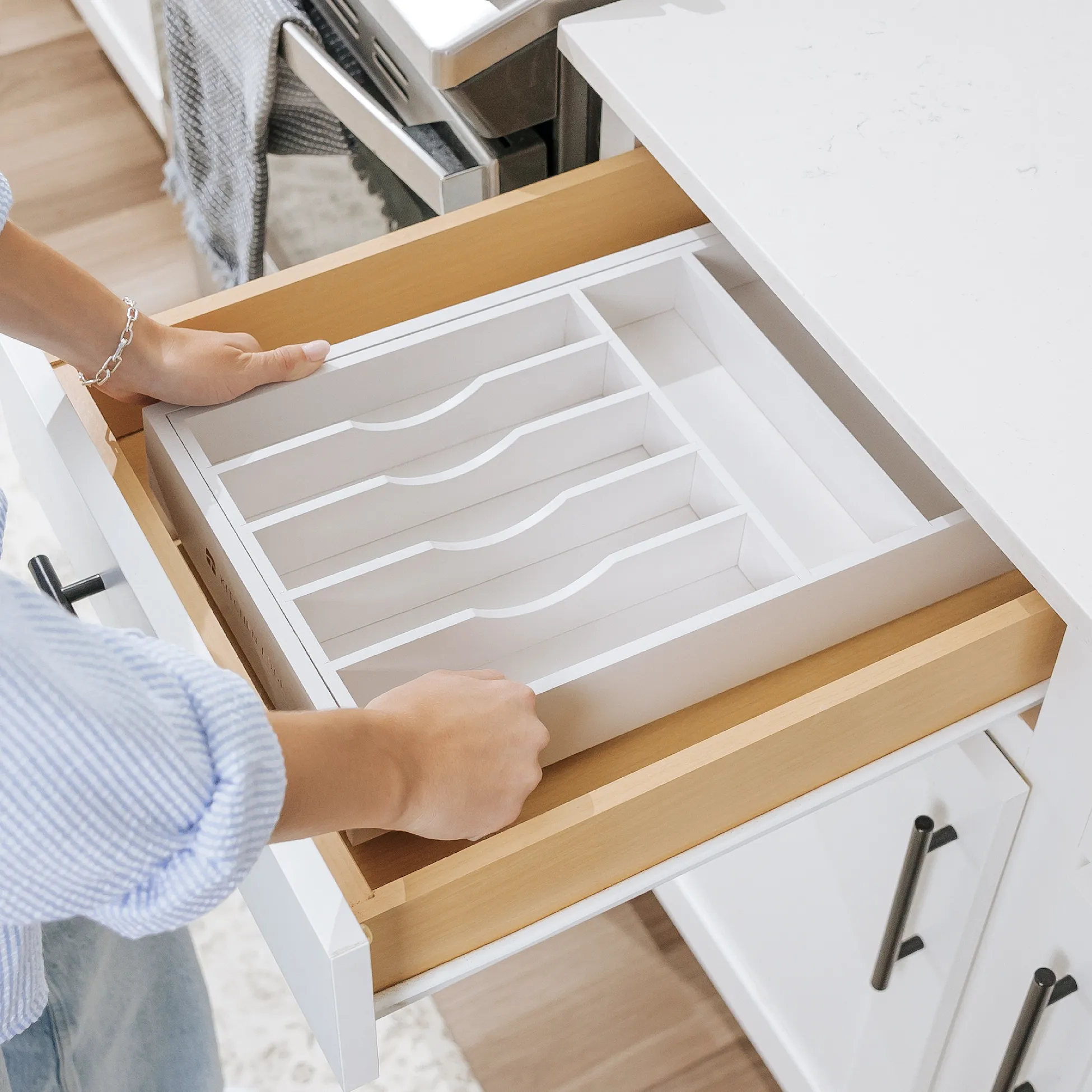Bamboo Drawer Organizer for Silverware & Utensils - White Finish (Expands 10.5-19in)