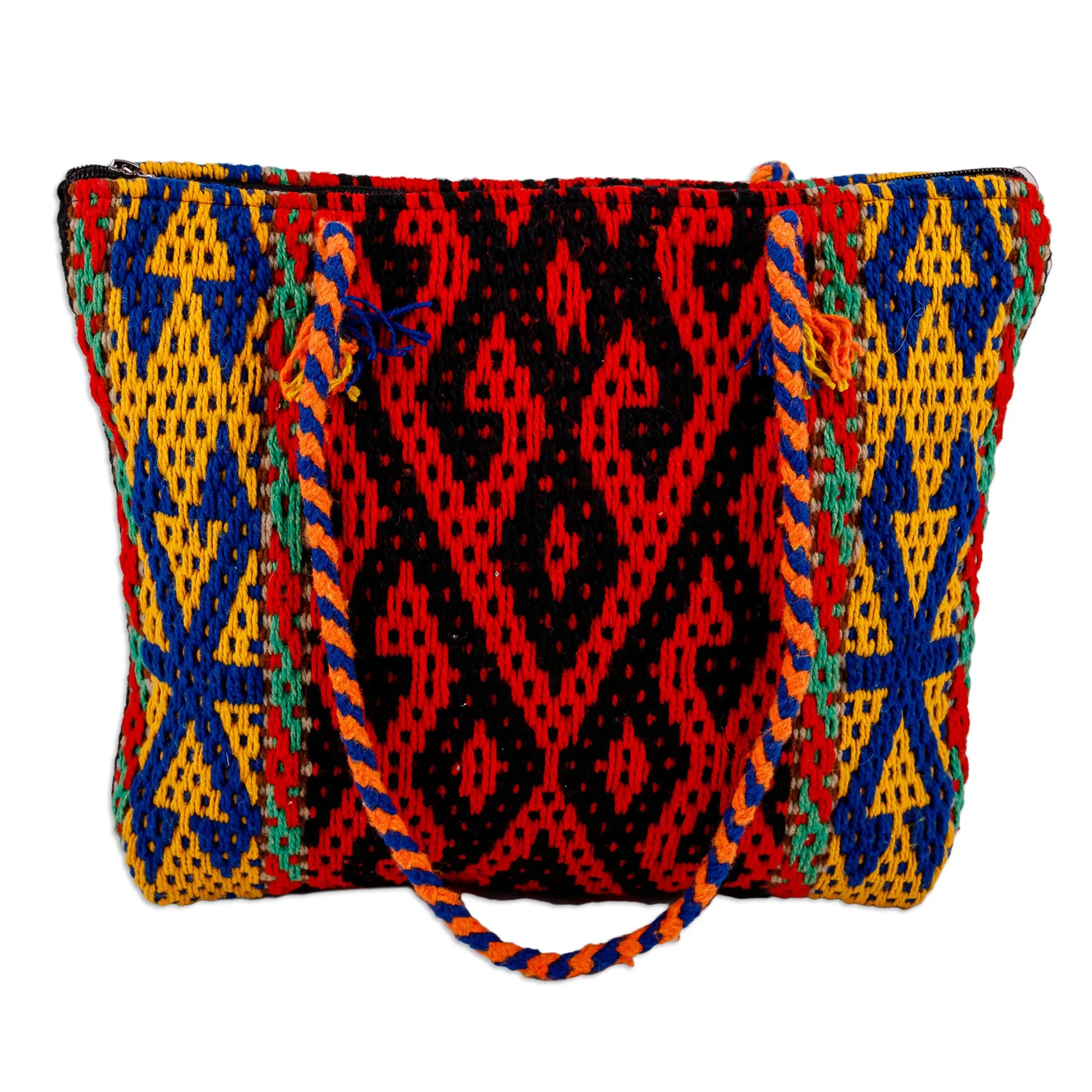 Classic Geometric-Patterned Colorful Cotton and Wool Handbag - Flaming Traditions | NOVICA