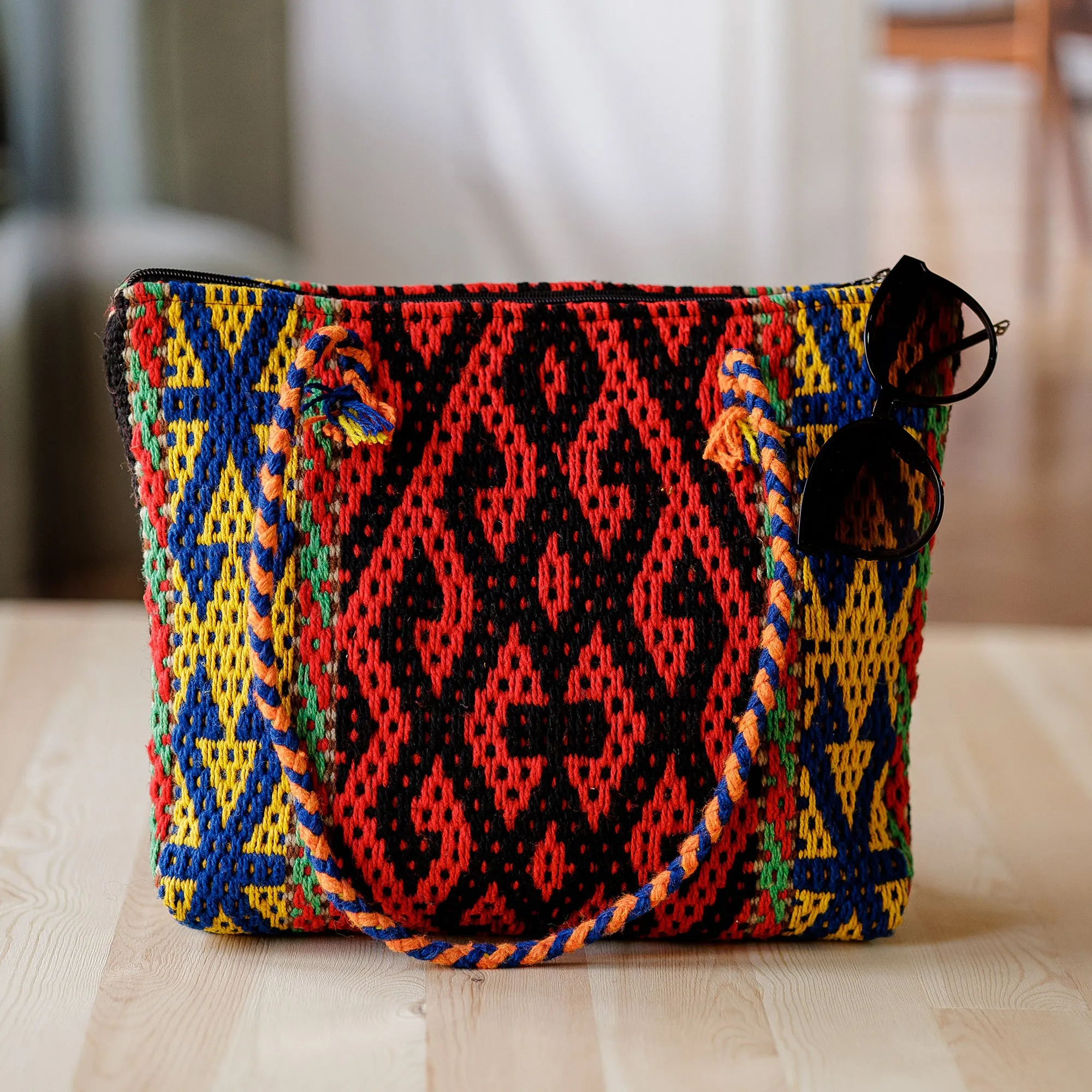 Classic Geometric-Patterned Colorful Cotton and Wool Handbag - Flaming Traditions | NOVICA