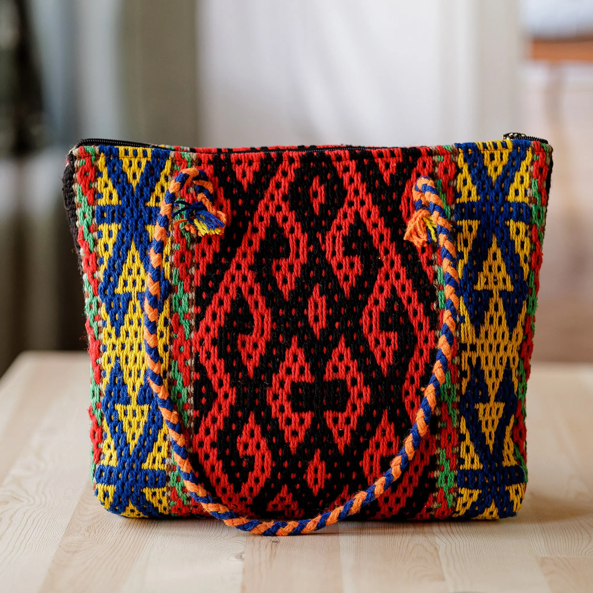 Classic Geometric-Patterned Colorful Cotton and Wool Handbag - Flaming Traditions | NOVICA