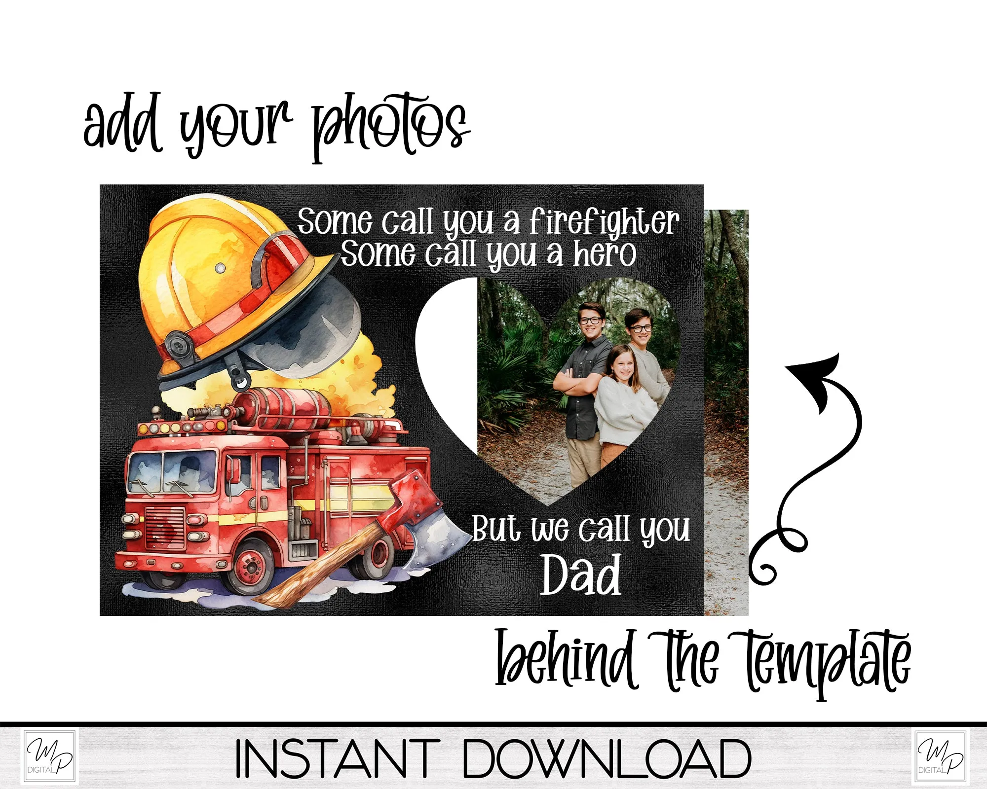 Colorful Firefighter Photo Frame, PNG Sublimation Digital Download, Commercial Use
