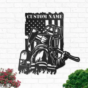Custom Firefighter US Flag Metal Wall Art - Personalized Fireman Name Sign Decoration - Dad Gifts