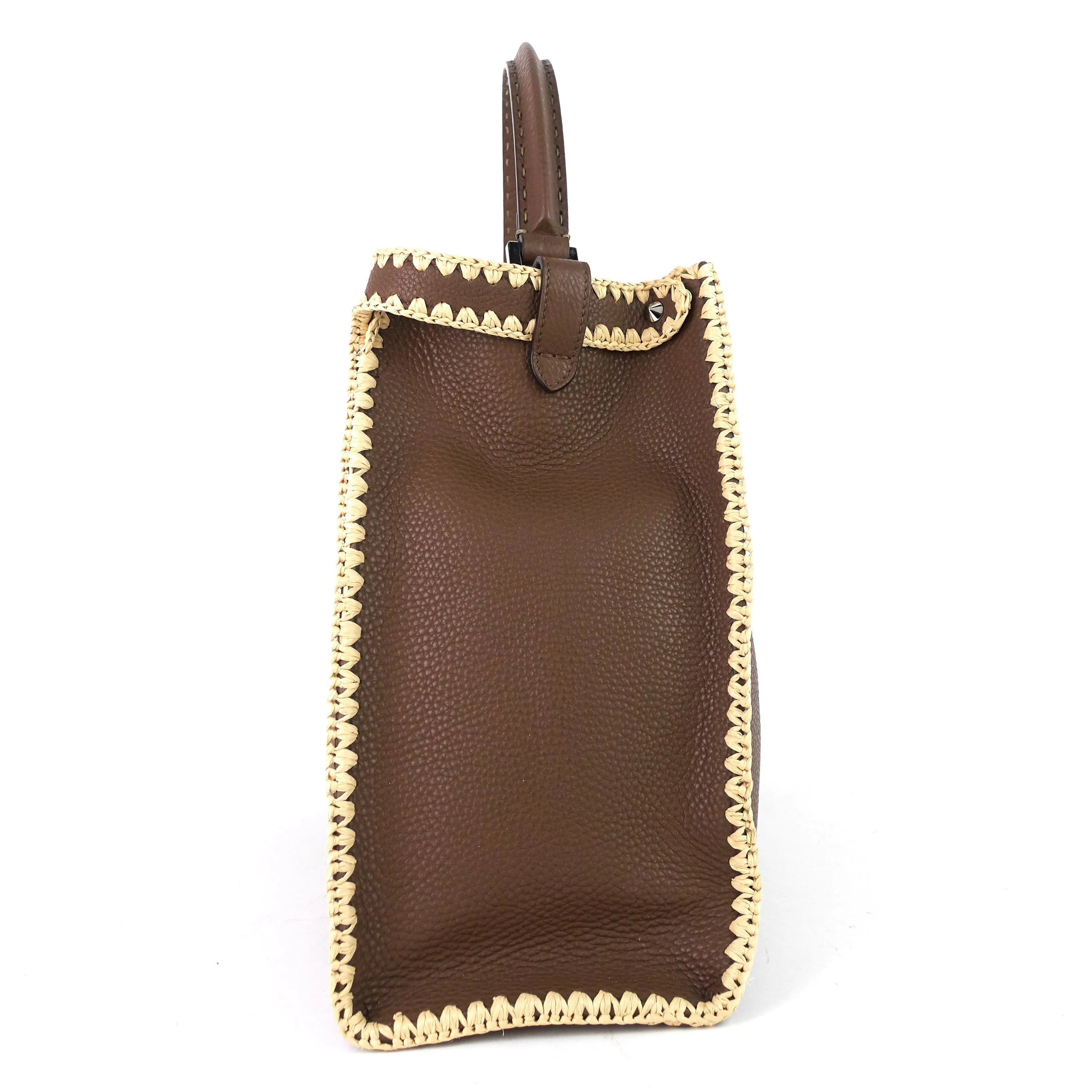 FENDI Peekaboo X-Lite Large Pebbled Calfskin and Raffia Tote Bag