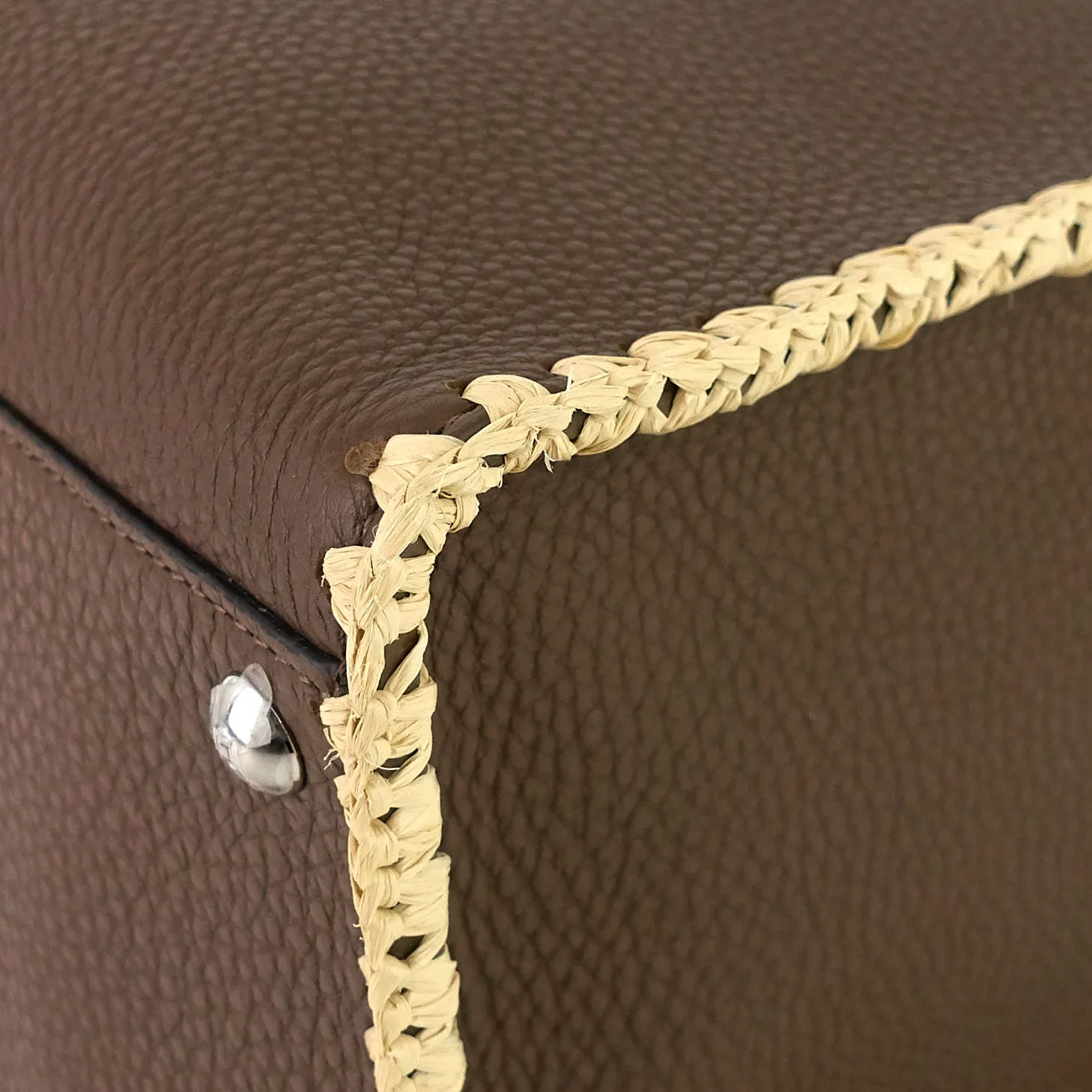 FENDI Peekaboo X-Lite Large Pebbled Calfskin and Raffia Tote Bag