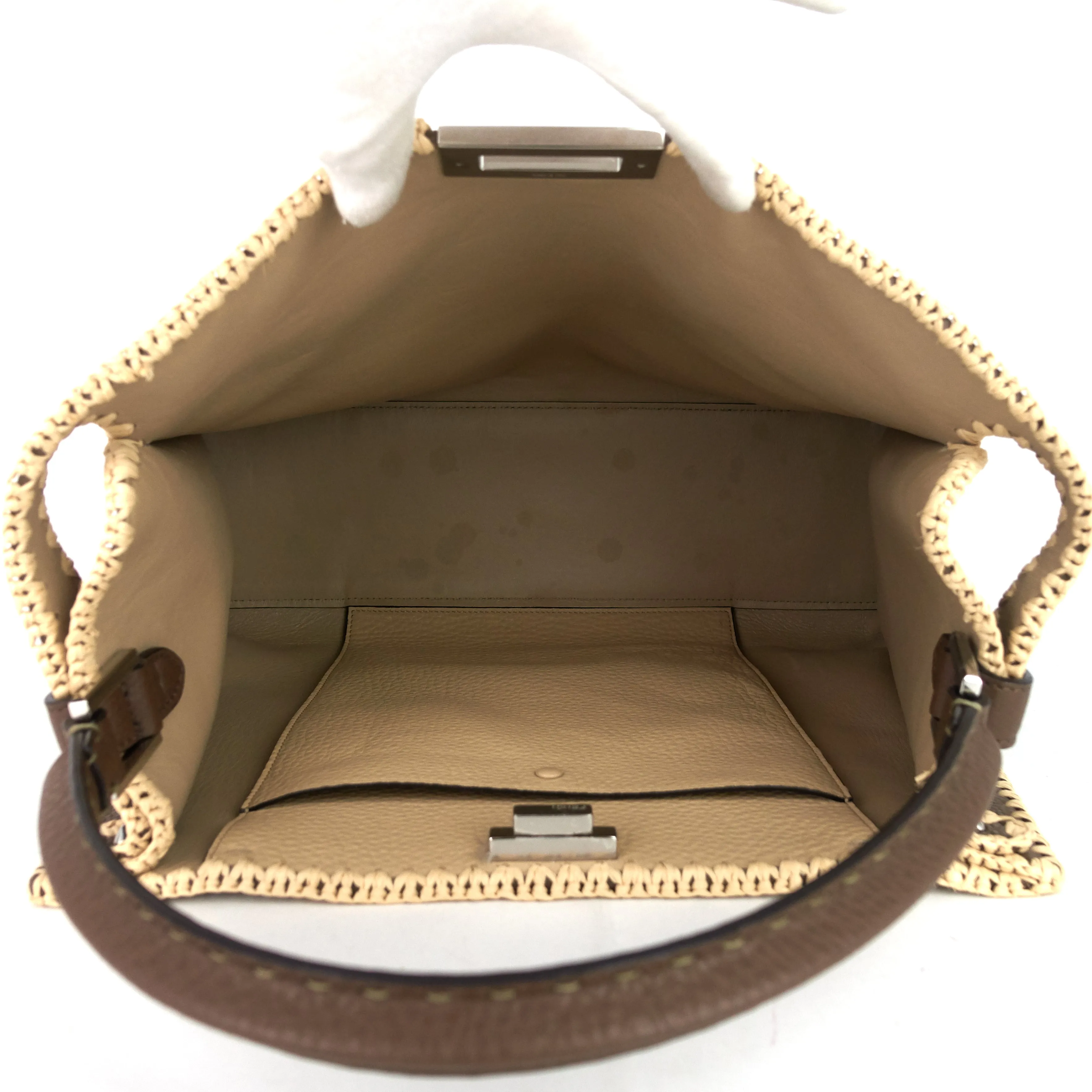 FENDI Peekaboo X-Lite Large Pebbled Calfskin and Raffia Tote Bag