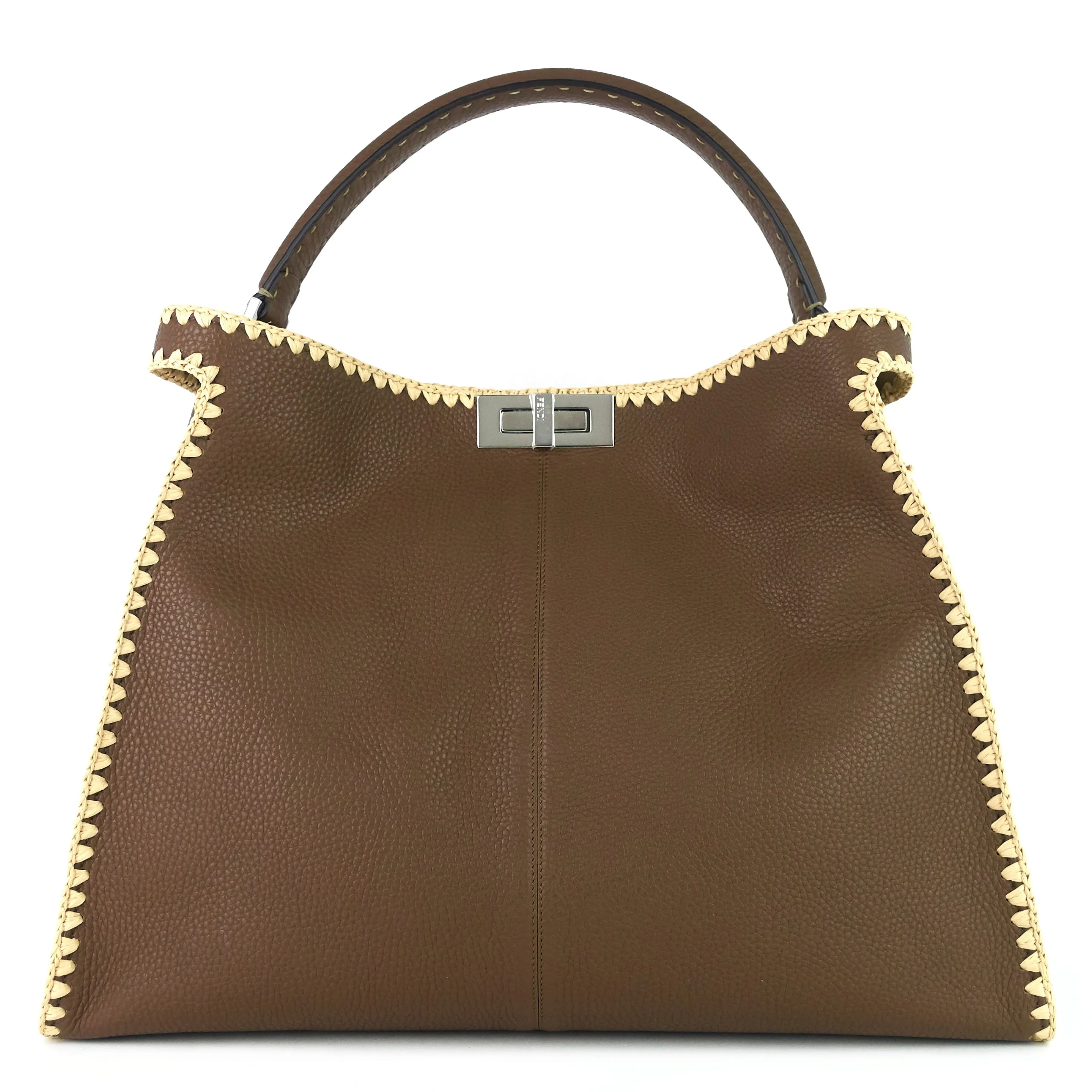 FENDI Peekaboo X-Lite Large Pebbled Calfskin and Raffia Tote Bag