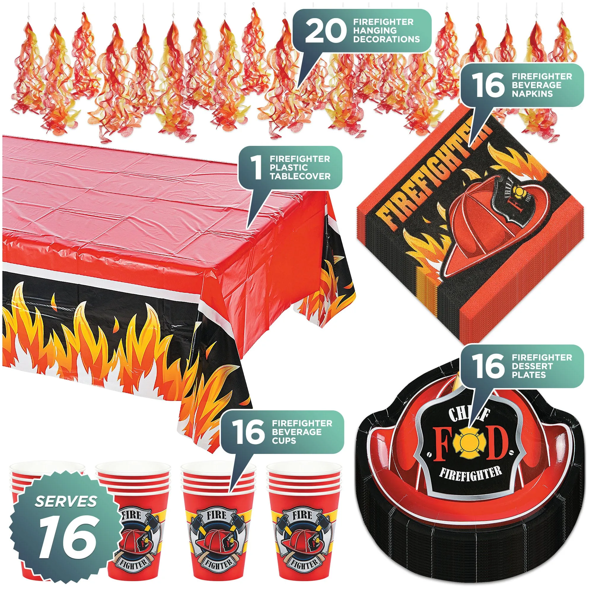 Firefighter Dessert Party Pack - Paper Plates, Napkins, Cups, Table Cover, and Hanging Decorations Set (Serves 16)