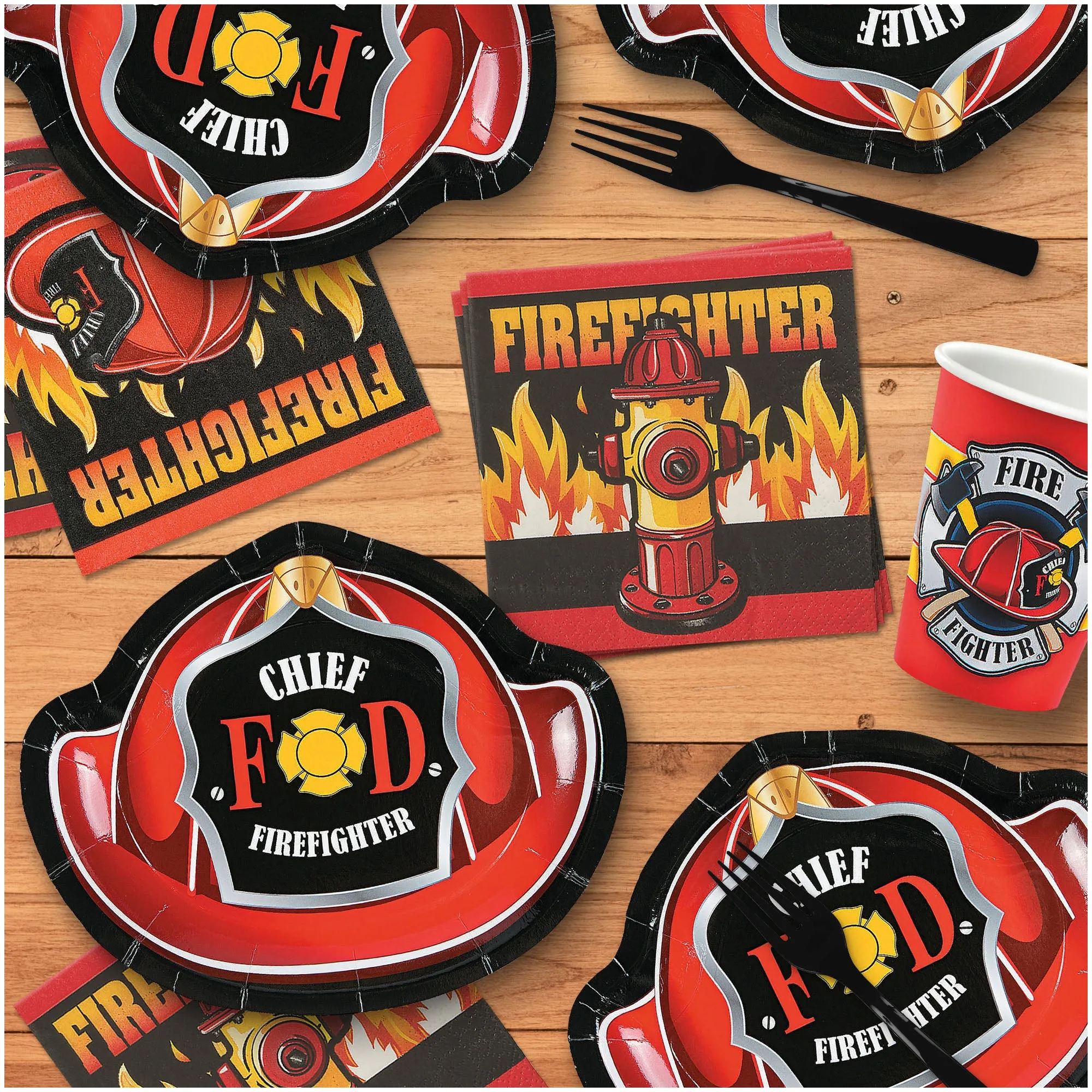 Firefighter Dessert Party Pack - Paper Plates, Napkins, Cups, Table Cover, and Hanging Decorations Set (Serves 16)