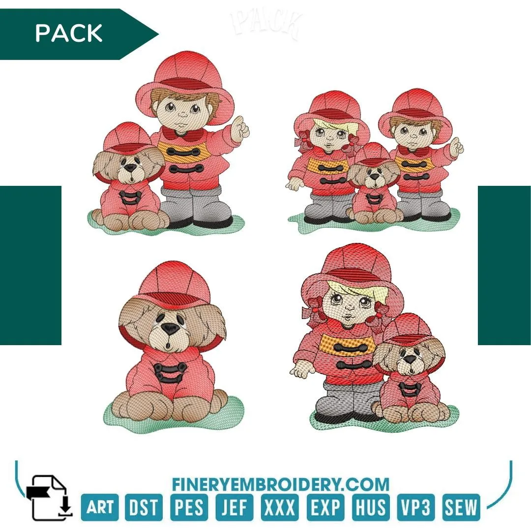 Firefighter Kids and Dog Embroidery Design Pack  | FineryEmbroidery