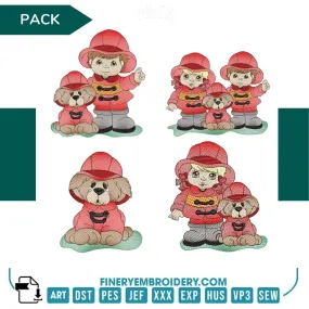 Firefighter Kids and Dog Embroidery Design Pack  | FineryEmbroidery