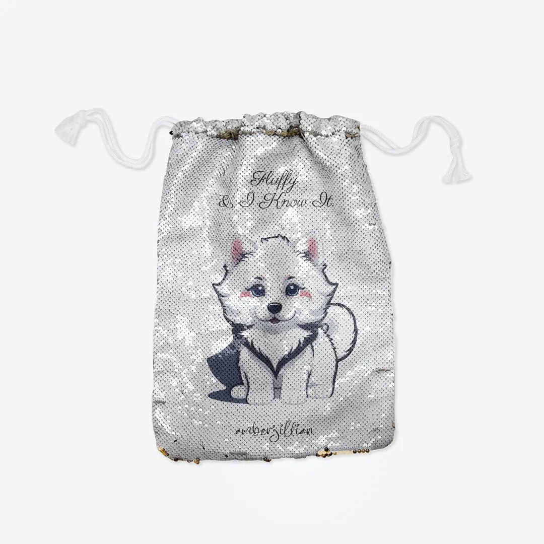 Fluffy Pup - Sequin Reversible Pull String Bag