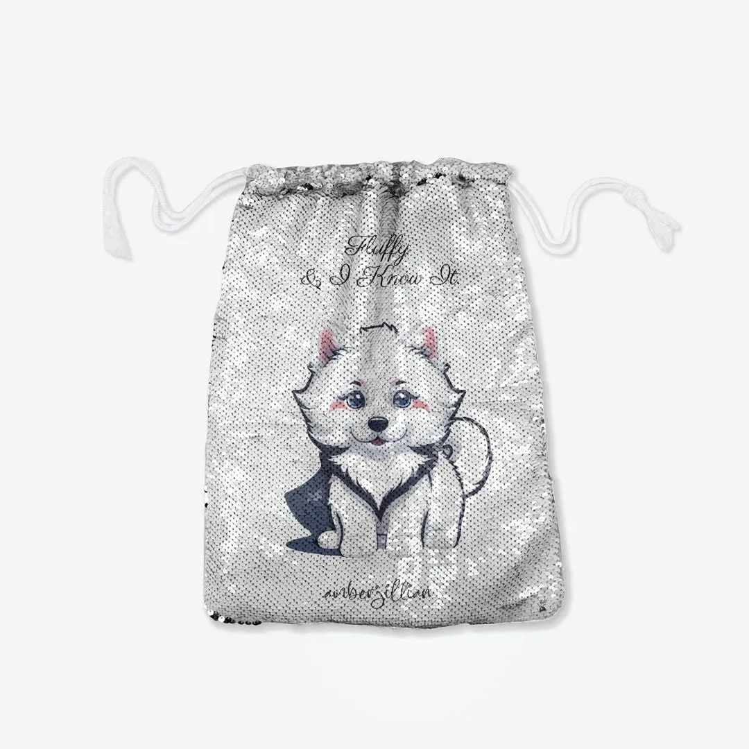 Fluffy Pup - Sequin Reversible Pull String Bag