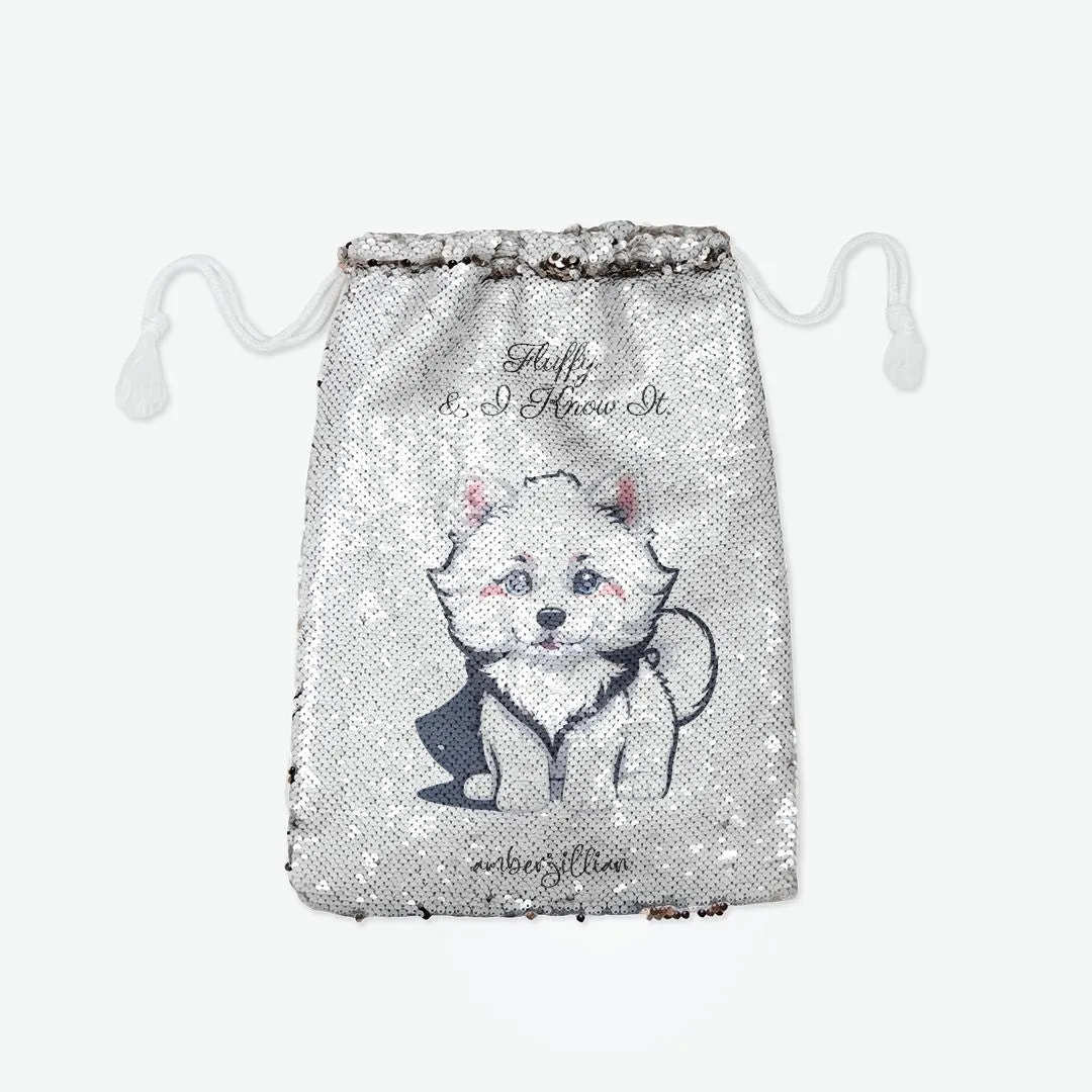 Fluffy Pup - Sequin Reversible Pull String Bag