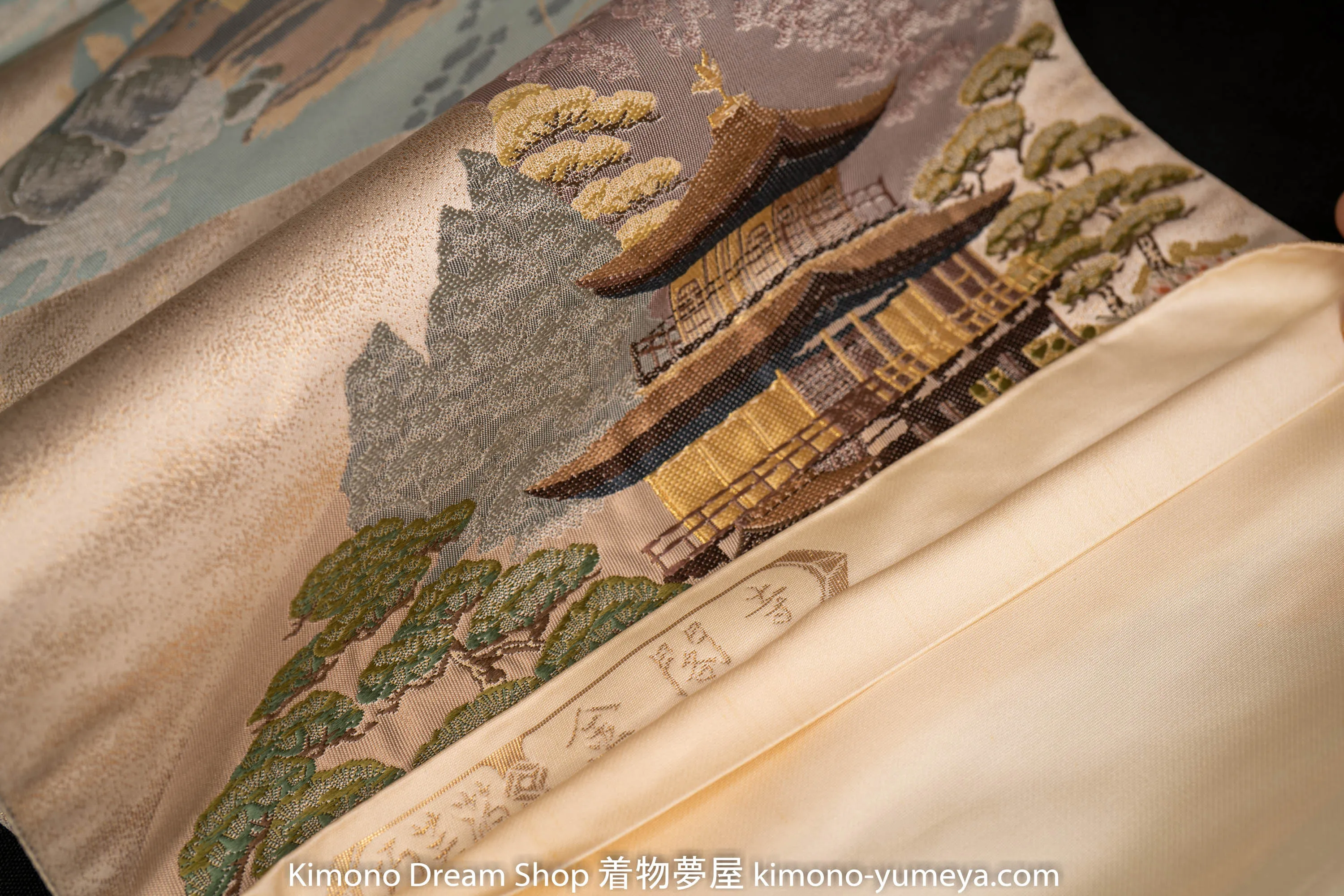 Kinkakuji Fukuro Obi - Rare Vintage Silk Kimono Belt - UNESCO World Heritage Golden Pavilion Temple