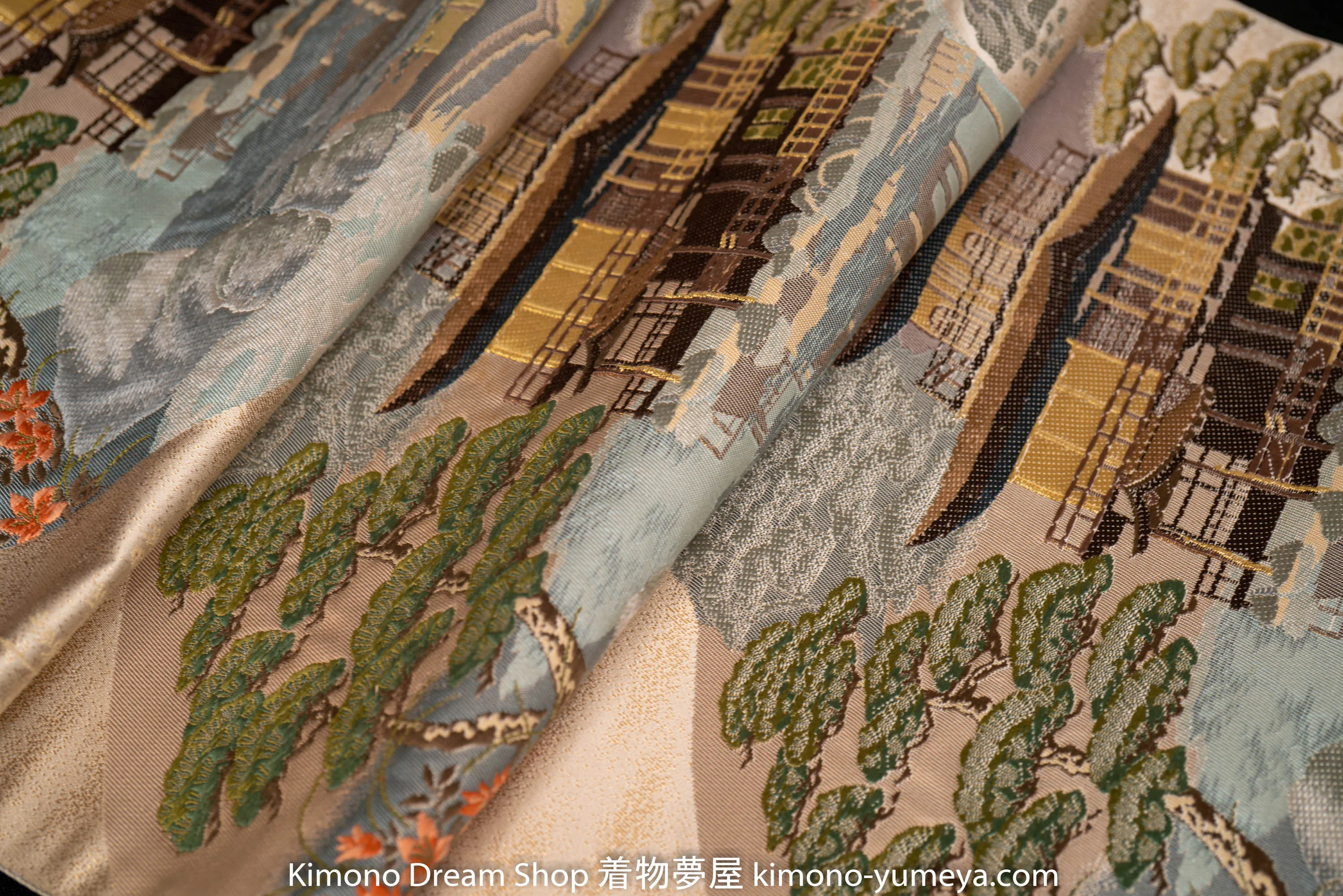 Kinkakuji Fukuro Obi - Rare Vintage Silk Kimono Belt - UNESCO World Heritage Golden Pavilion Temple