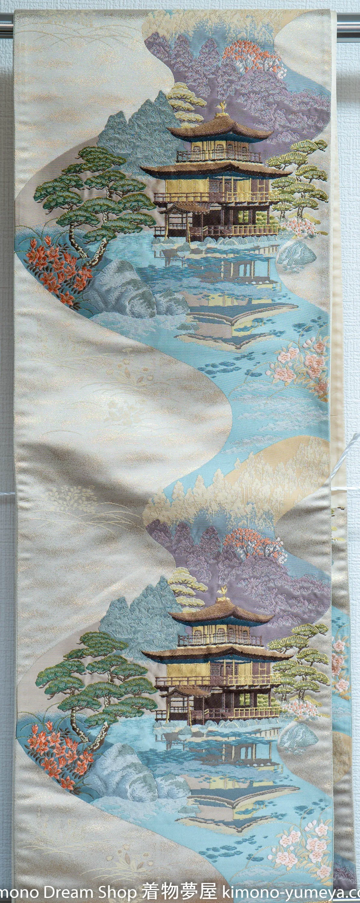 Kinkakuji Fukuro Obi - Rare Vintage Silk Kimono Belt - UNESCO World Heritage Golden Pavilion Temple