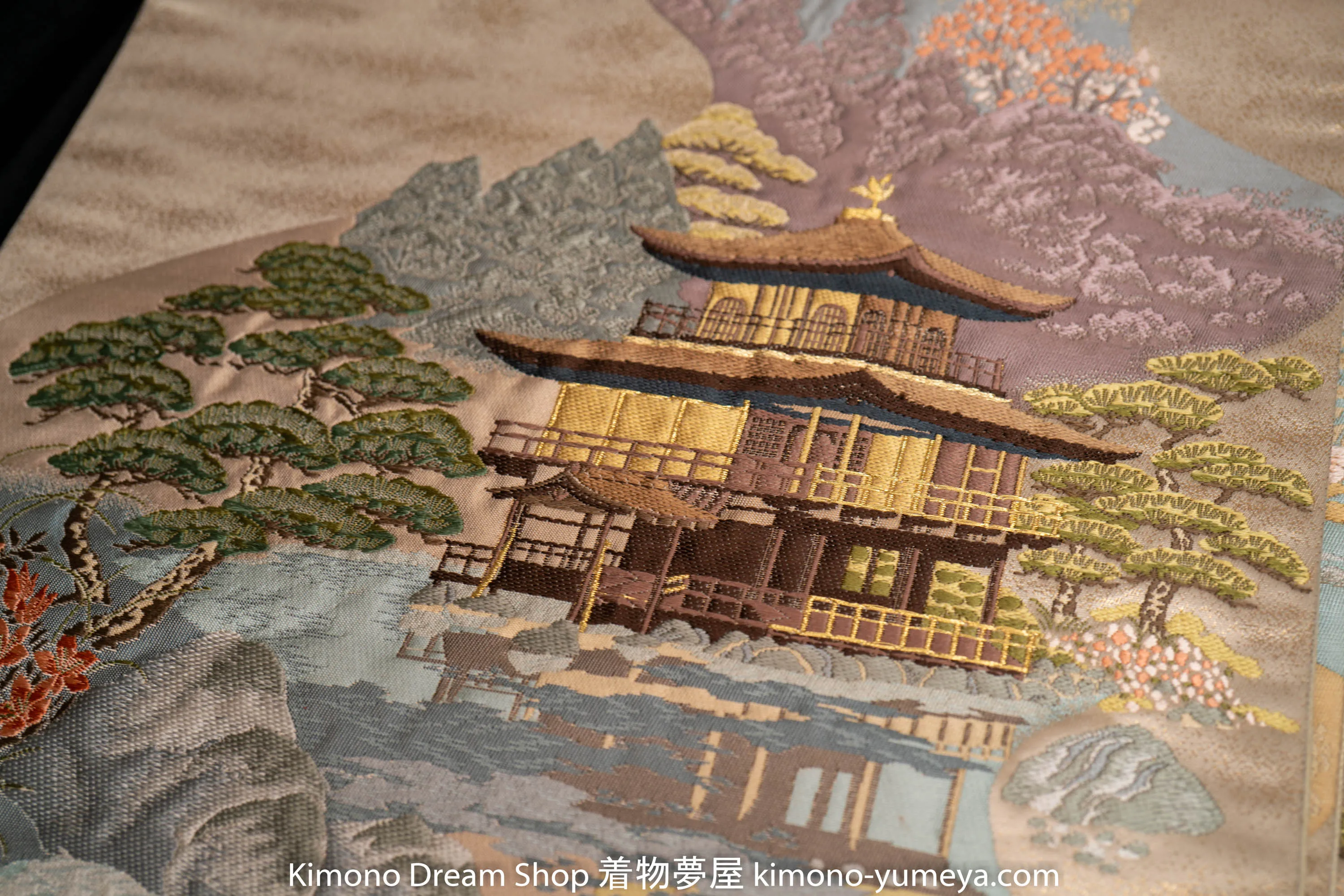 Kinkakuji Fukuro Obi - Rare Vintage Silk Kimono Belt - UNESCO World Heritage Golden Pavilion Temple