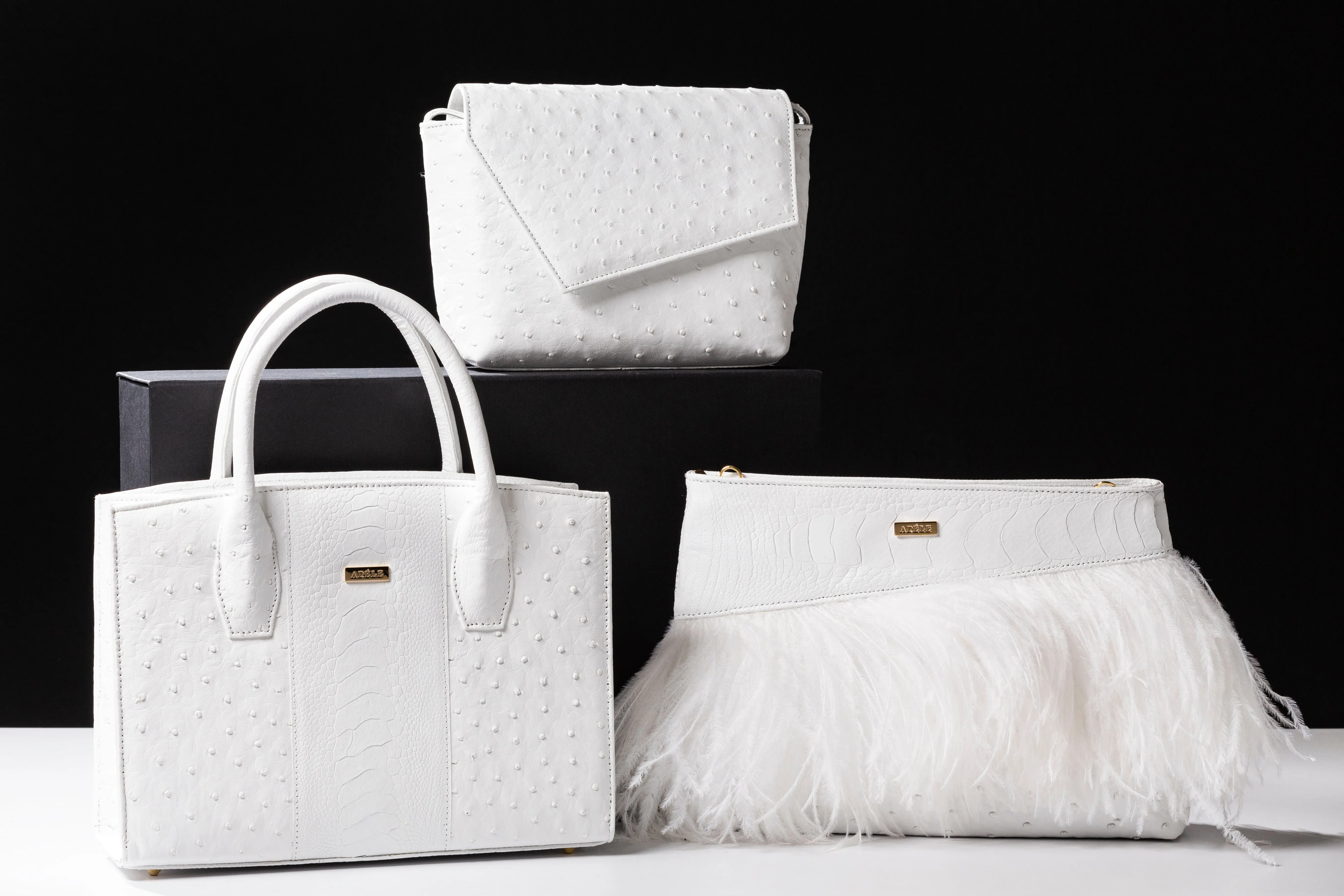 Lauren - Medium size, top handle white ostrich and ostrich shin leather tote bag