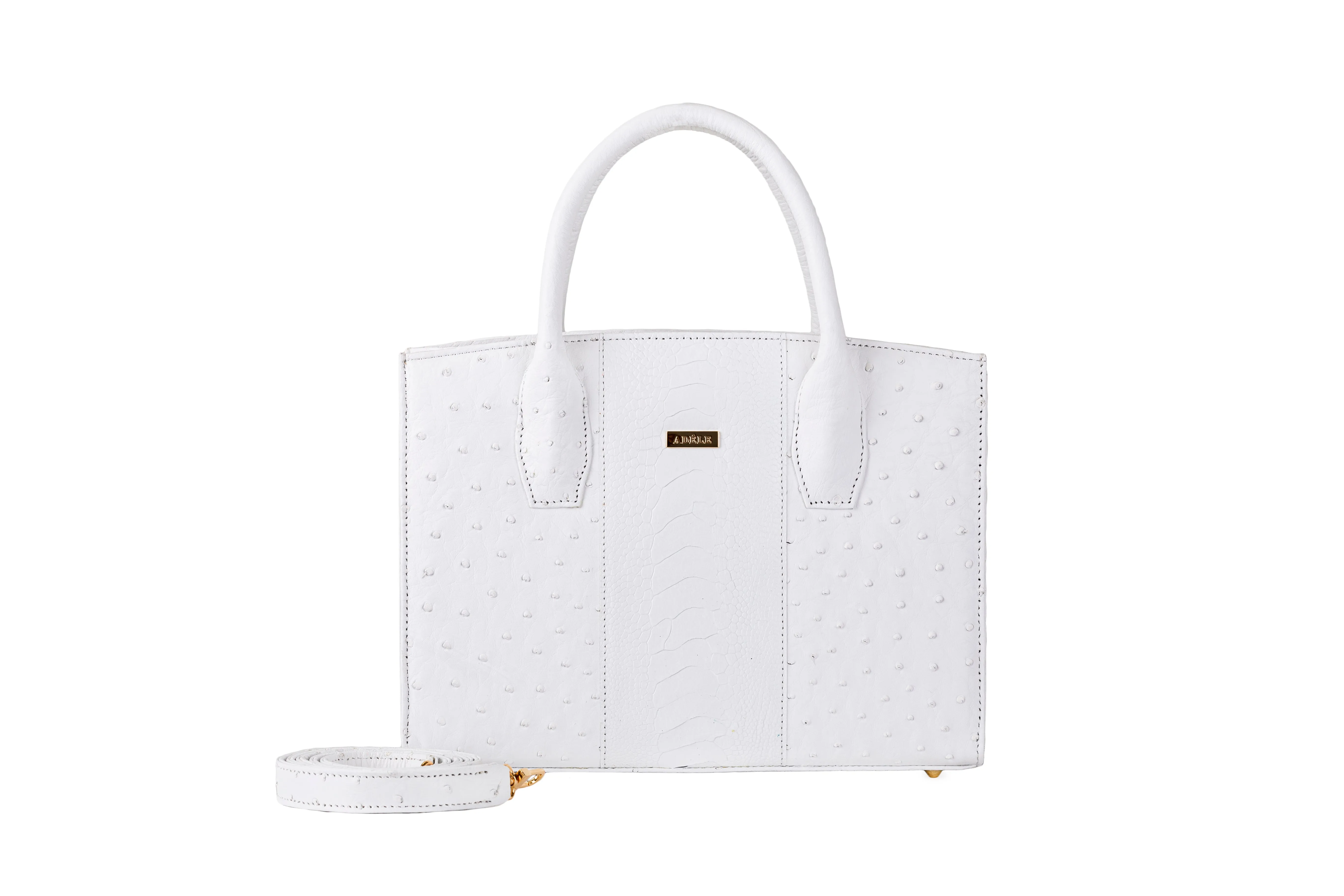 Lauren - Medium size, top handle white ostrich and ostrich shin leather tote bag