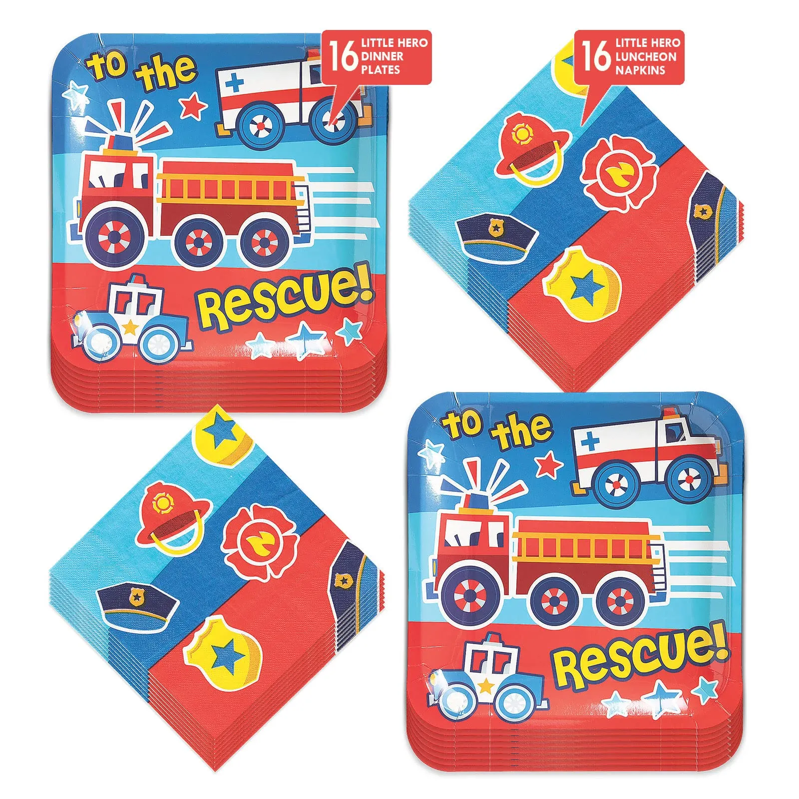 Little Hero Party To the Rescue Firefighter and Police Square Paper Dinner Plates and Napkins (Serves 16)