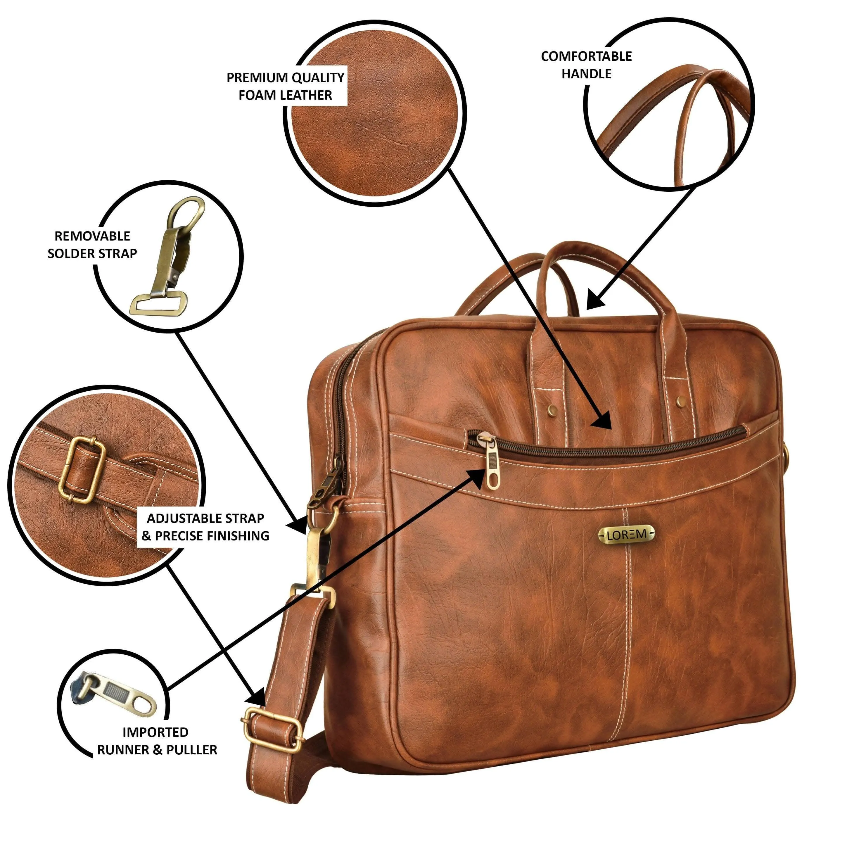 LOREM Tan Faux Leather Laptop Messenger Bag (unisex, 10L, BG14)
