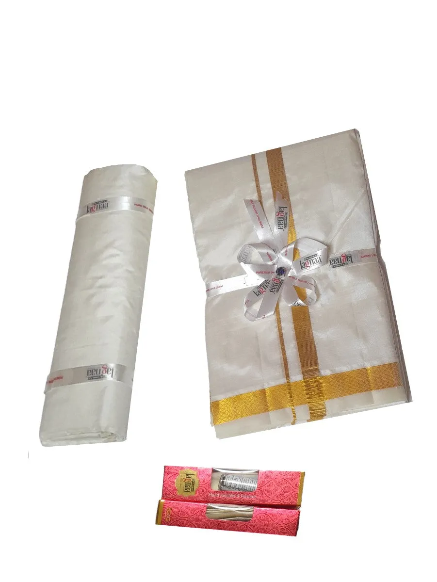 Men Pure Silk Cream 1/2" inch Jari Dhoti & Shirting Purna Mithra