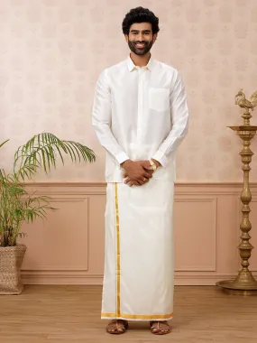 Men Pure Silk Cream 1/2" inch Jari Dhoti & Shirting Purna Mithra