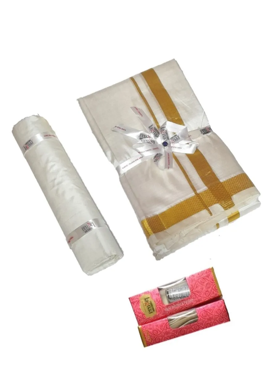 Men Pure Silk Cream 1" inch Jari Dhoti & Shirting Purna Mithra
