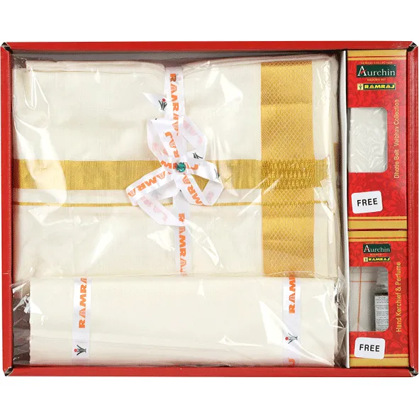Men Pure Silk Cream 1" inch Jari Dhoti & Shirting Purna Mithra