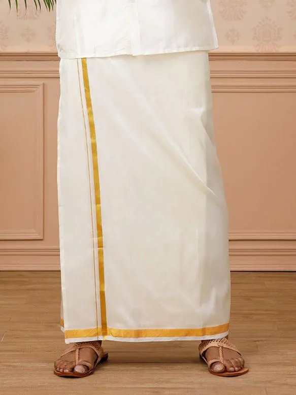 Men Pure Silk Cream 3/4" inch Jari Dhoti & Shirting Purna Mithra