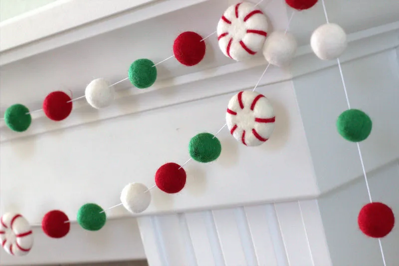 Peppermint Felt Christmas Garland- Red, Kelly Green, White